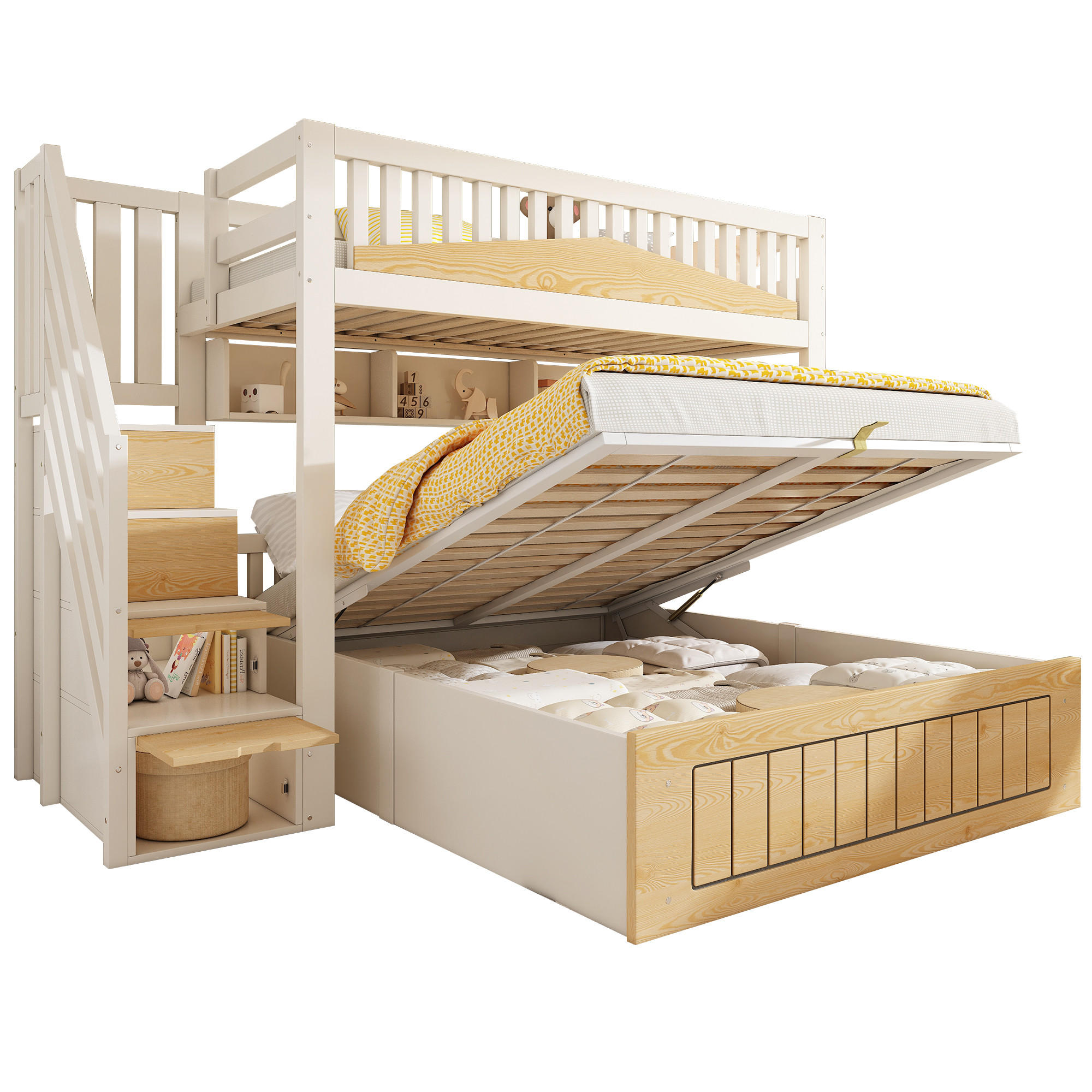 ETAGENBETT 90/200 cm Weiß + Naturholz-Optik mit Stauraumtreppe, hydraulischer Stauraumfunktion und USB-C-Anschluss - Naturfarben, Holz (90/200cm) - Oxeza