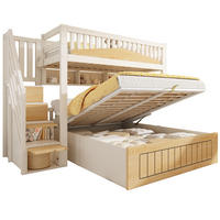 ETAGENBETT 90/200 cm Weiß + Naturholz-Optik mit Stauraumtreppe, hydraulischer Stauraumfunktion und USB-C-Anschluss - Naturfarben, Holz (90/200cm) - Oxeza