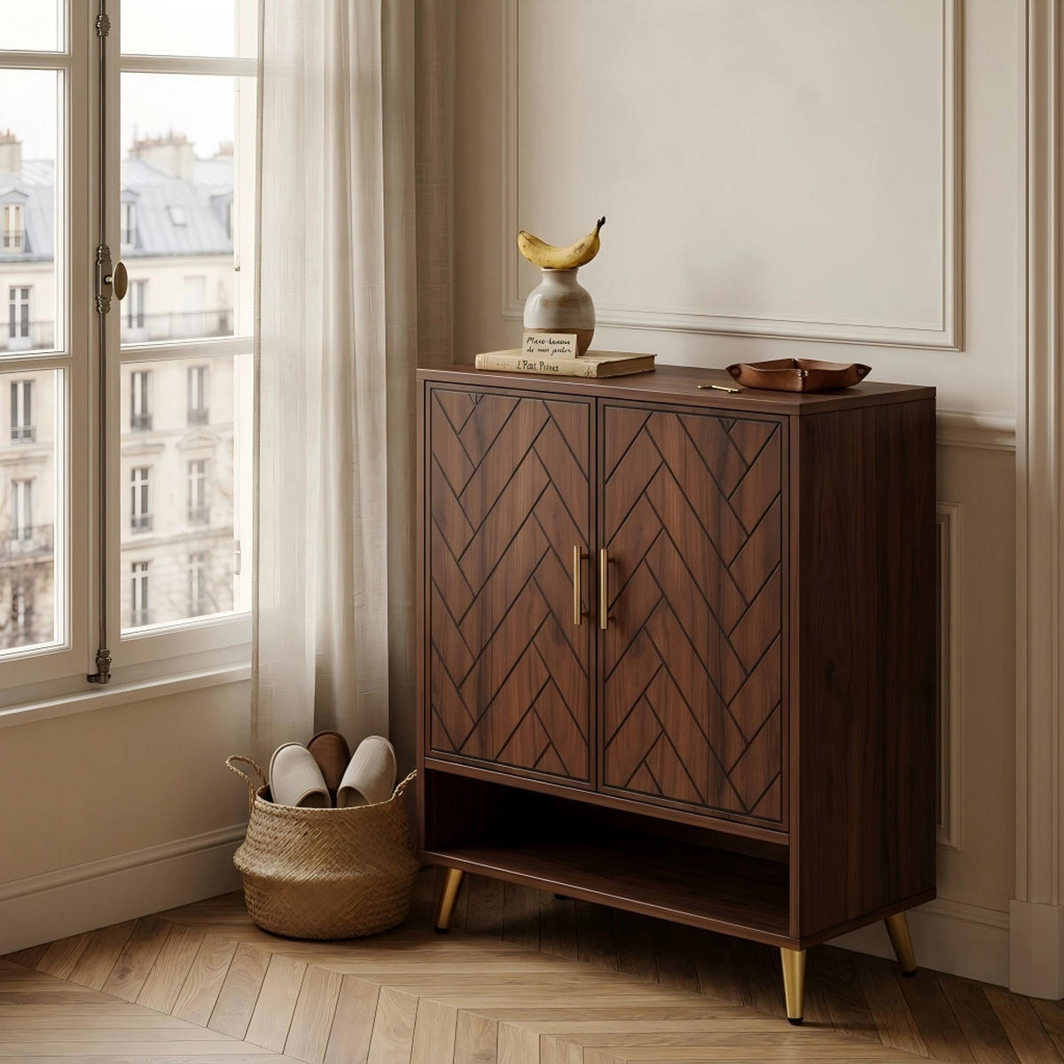 SCHUHSCHRANK mit 7 Ebenen, Chevron-Muster, Nussbaumoptik - Walnussfarben, Holzwerkstoff (75/110/35cm) - Urban Meuble