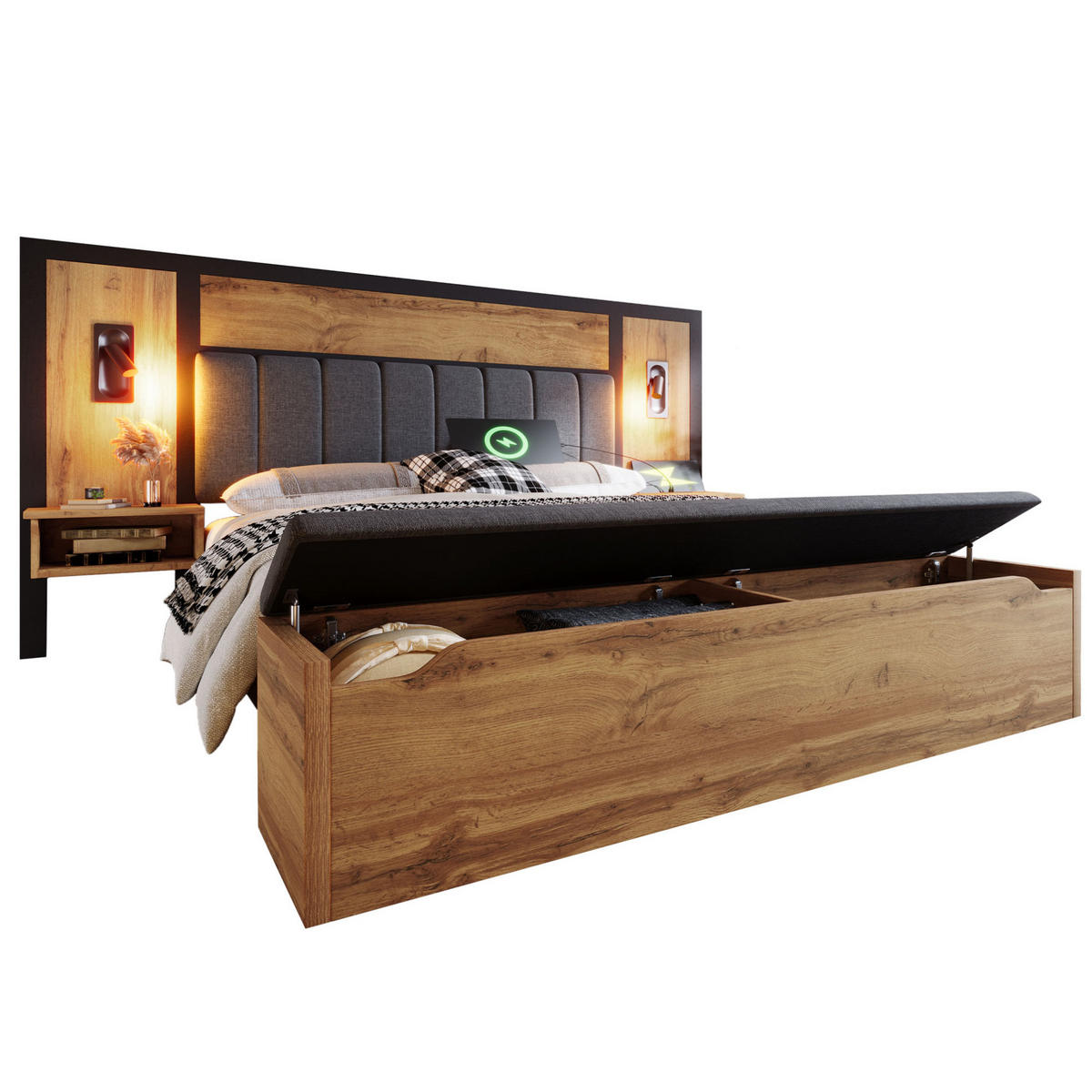 ČALÚNENÁ posteľ z kovu, MDF a ľanu 180x200 cm dubová s LED čítacím svetlom, USB-C a úložnou lavicou - farba duba, kov (180/200cm) - Modfu