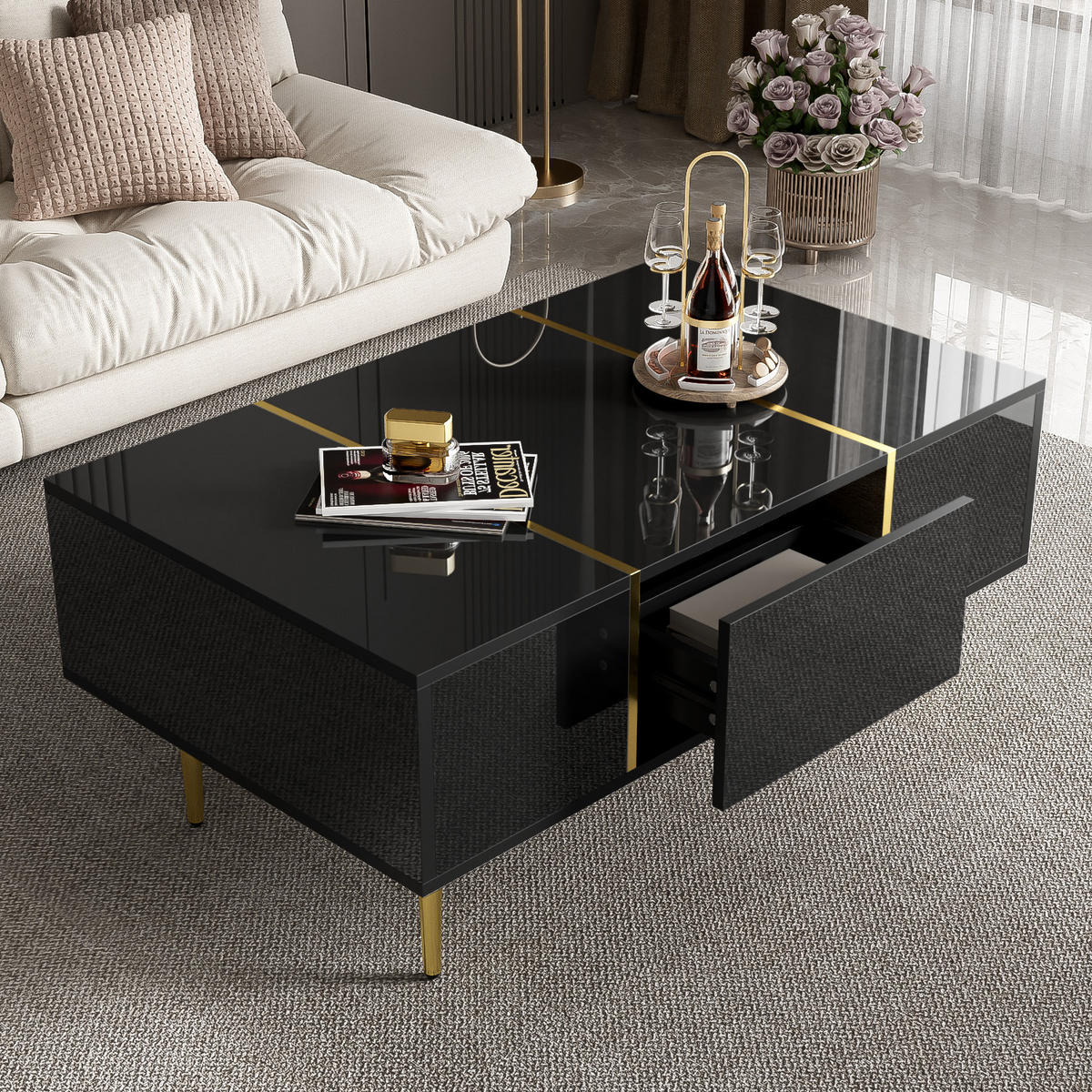 COUCHTISCH Schwarz 100/60/41,5 cm Hochglanz 2 Schubladen - Schwarz, Holzwerkstoff (60/100/41.5cm) - PANGIVO