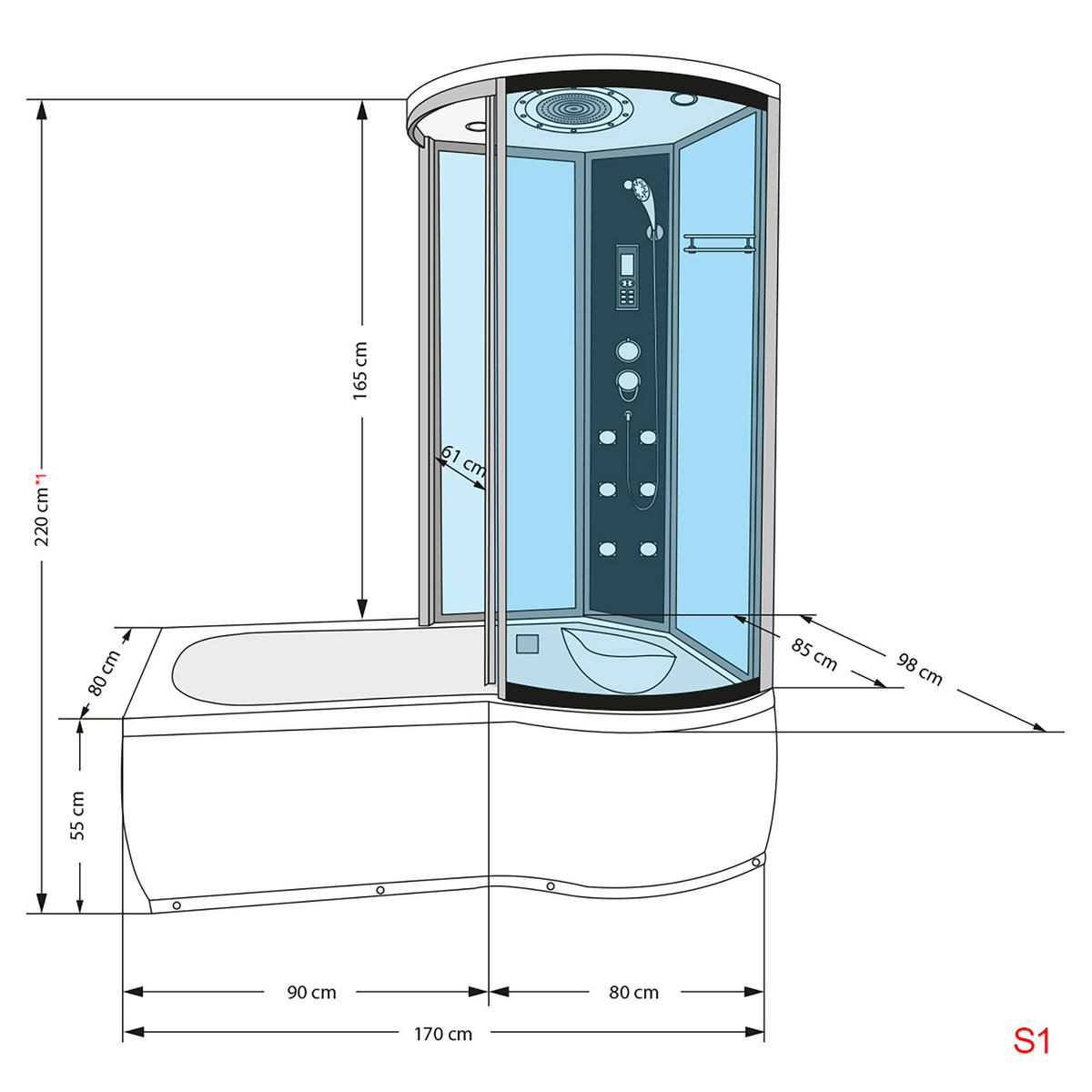 WHIRLPOOL Wanne Duschkabine ws K55-L01-WP 170x100 - Weiß, Glas/Kunststoff (98/220/170cm) - AcquaVapore by Sandra Jentho