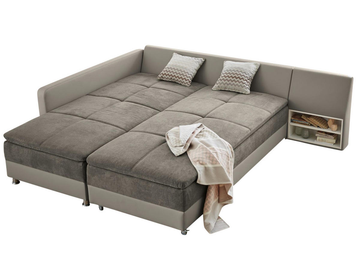 ECKSOFA-DAUERSCHLÄFER Doppelbett Boxspring Federkern Topper, Schwenkteil rechts B306/T223/H95 cm, Kunstleder Beige+Mikrofaser Grau Braun / 15102 - Chromfarben/Graubraun, Textil/Metall (306/223cm) - luma-home