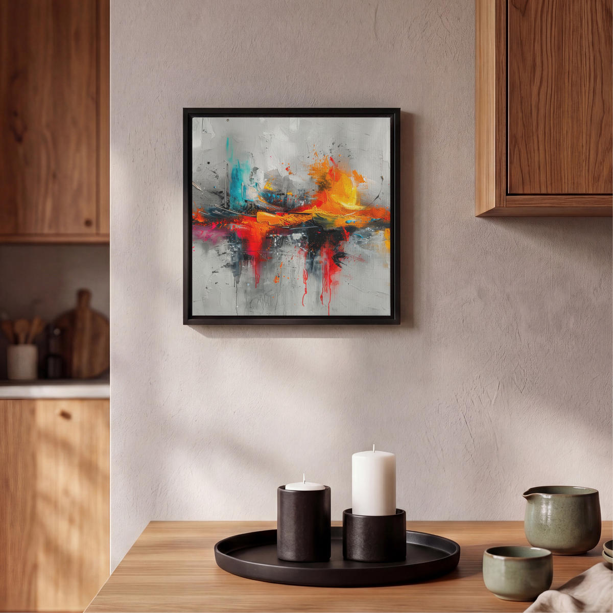 LEINWAND Bilder mit Rahmen - Moderne Kunst - Orange - Grau - Abstrakt - 20x20 - Hellgrau, Textil (20/20cm) - MuchoWow