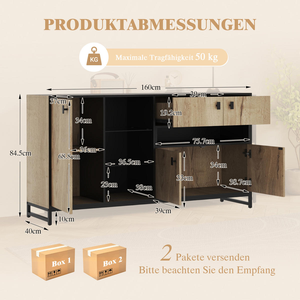 SIDEBOARD 160 cm Naturholz & Schwarz mit Doppeltüren, Glasregal & Metallrahmen im modernen Stil - Naturfarben, Holzwerkstoff (160/84.5/40cm) - Urban Meuble