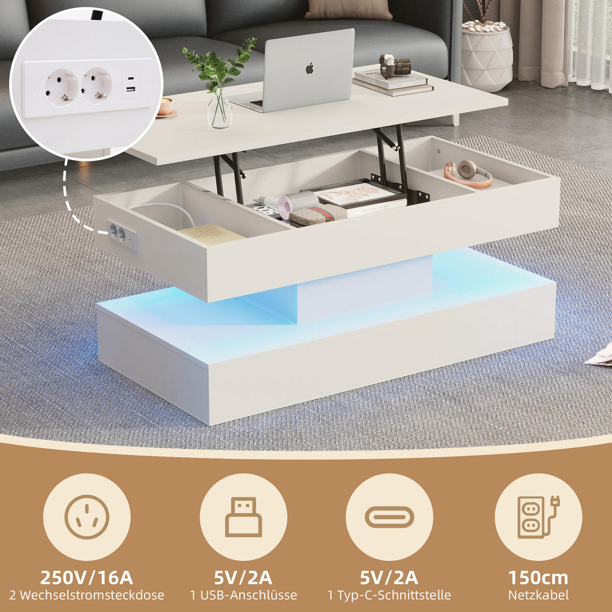 COUCHTISCH höhenverstellbar 50 kg Tragkraft 100 cm Stauraum Lift-Top Spanplatte modern - Weiß, Holzwerkstoff (100/50/42cm) - EVRYAE