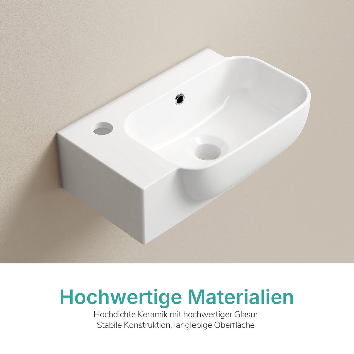 HANDWASCHBECKEN Links-Wasserhahnloch 40 / 25 / 14 cm - Weiß, Keramik (25/14/40cm) - EMKE