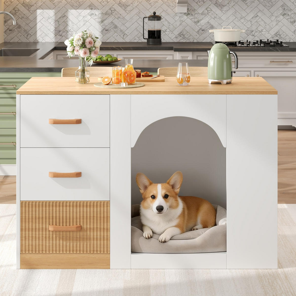 KÜCHENINSEL mit 3 Schubladen und Hundebereich 120 x 60 x 90 cm Weiß - Weiß, Holz (60/90/120cm) - Beauniv