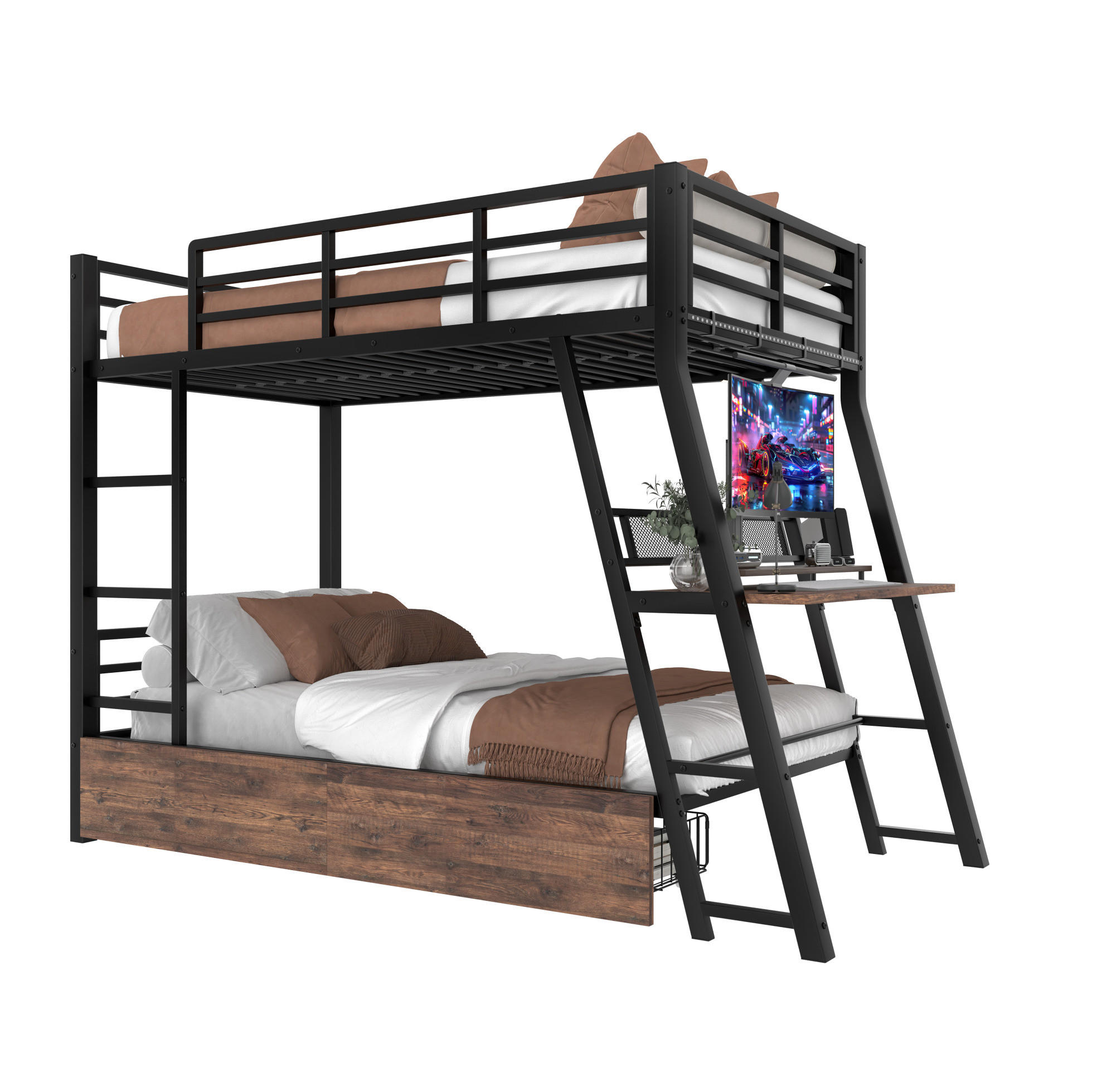 HOCHBETT 90/200 cm aus Metall mit Schreibtisch, 2 Schubladen und LED-Beleuchtung - Schwarz, Metall (90/200cm) - Flora Grace