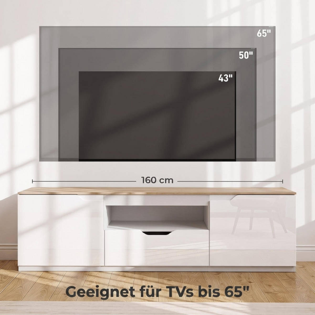 LOWBOARD DE-40505 2 Türen und 1 Schublade Naturholz - Weiß, Holzwerkstoff (160/43/38cm) - ComfortXL