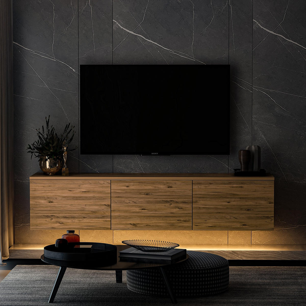 TV-MÖBEL Neon Illuminated Hängend Braun - Braun, Holz (160/35/32cm) - Habitat Garten