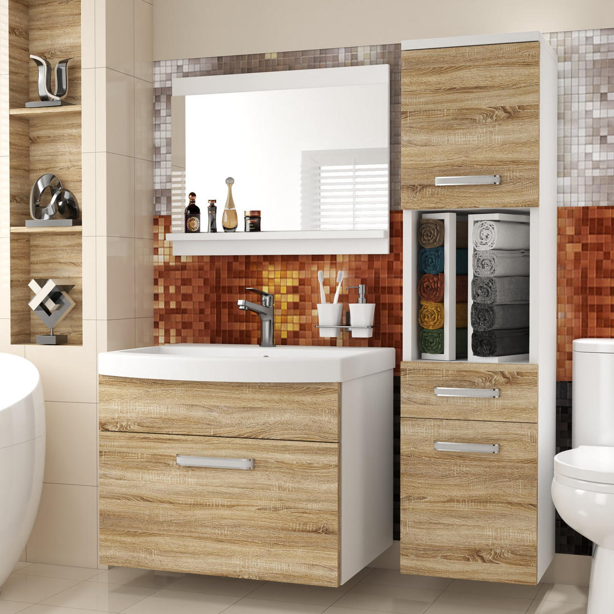 BADMÖBEL Badezimmer SET PRI M3, Sonoma Eiche Matt, 90 cm - Sonoma Eiche, Holz (38.7/113.5/90cm) - B BELINI GROUP