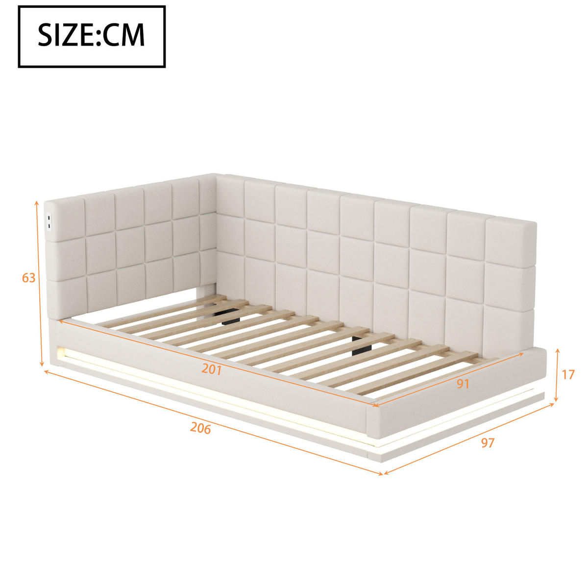 SCHLAFSOFA aus Leinen 90x200 cm Beige mit LED-Beleuchtung, USB-Anschluss und Lattenrost - Beige, Textil (90/200cm) - IVMEU