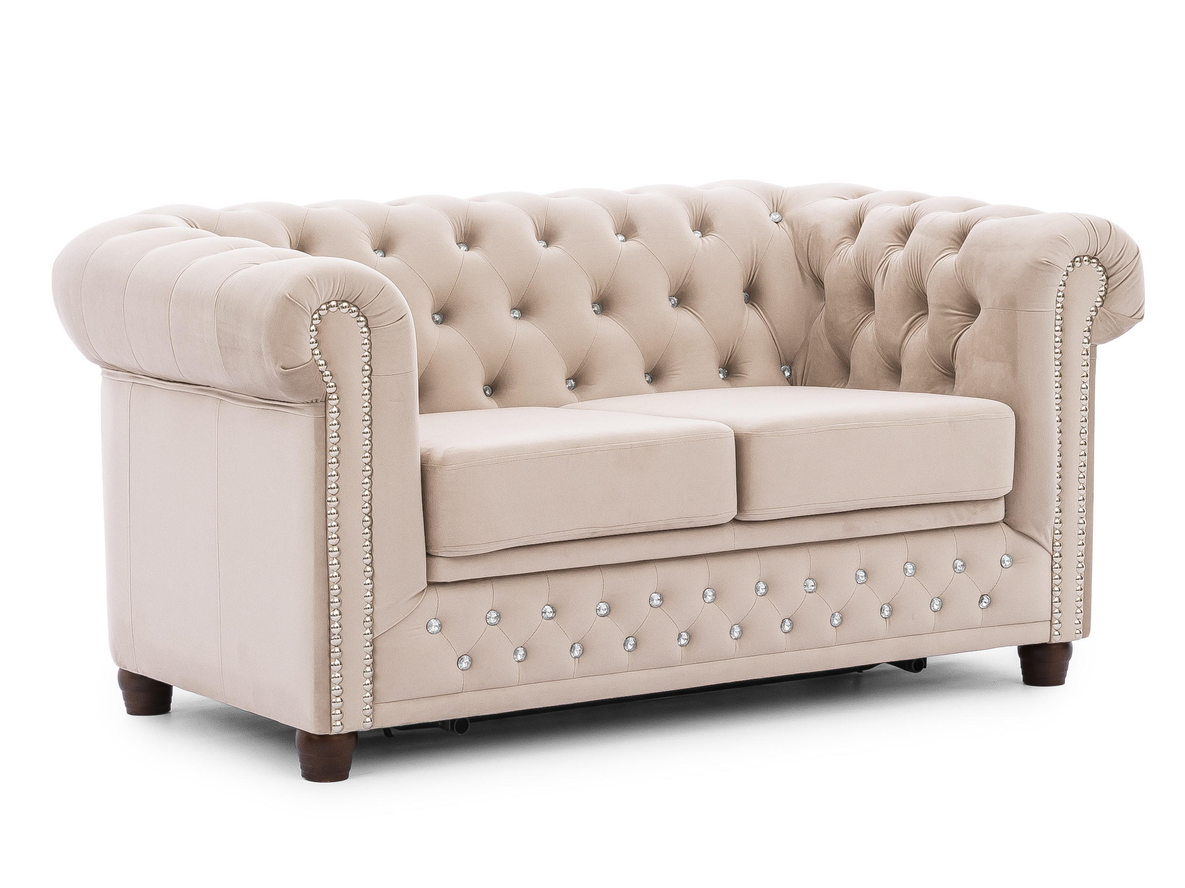 CHESTERFIELD-SOFA 2-Sitzer mit Schlaffunktion Cleo Blink Beige Samt mit Kristallsteppung und braunen Massivholzfüßen - Beige/Braun, Holz/Textil (148/72/86cm) - S-Style Möbel