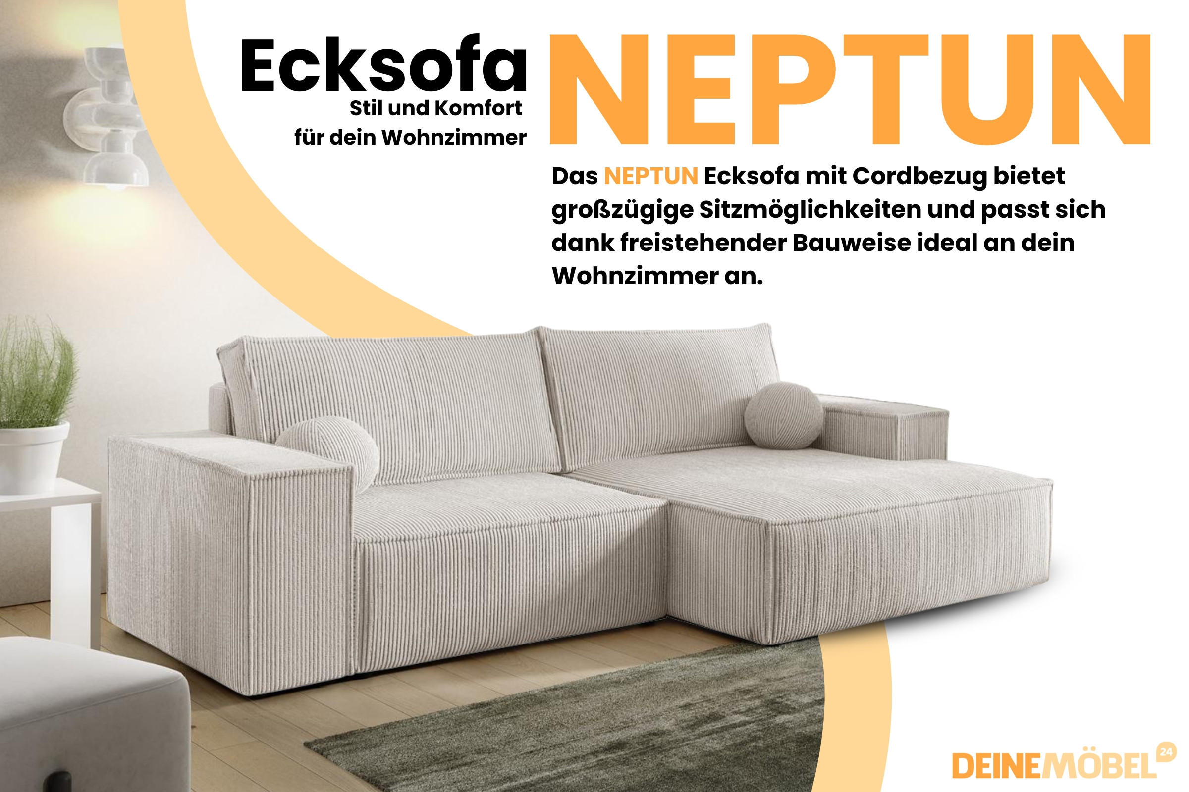 ECKSOFA NEPTUN 255/148 in Cord Creme rechts - Creme, Holz/Holzwerkstoff (255/148cm) - Deine Möbel 24