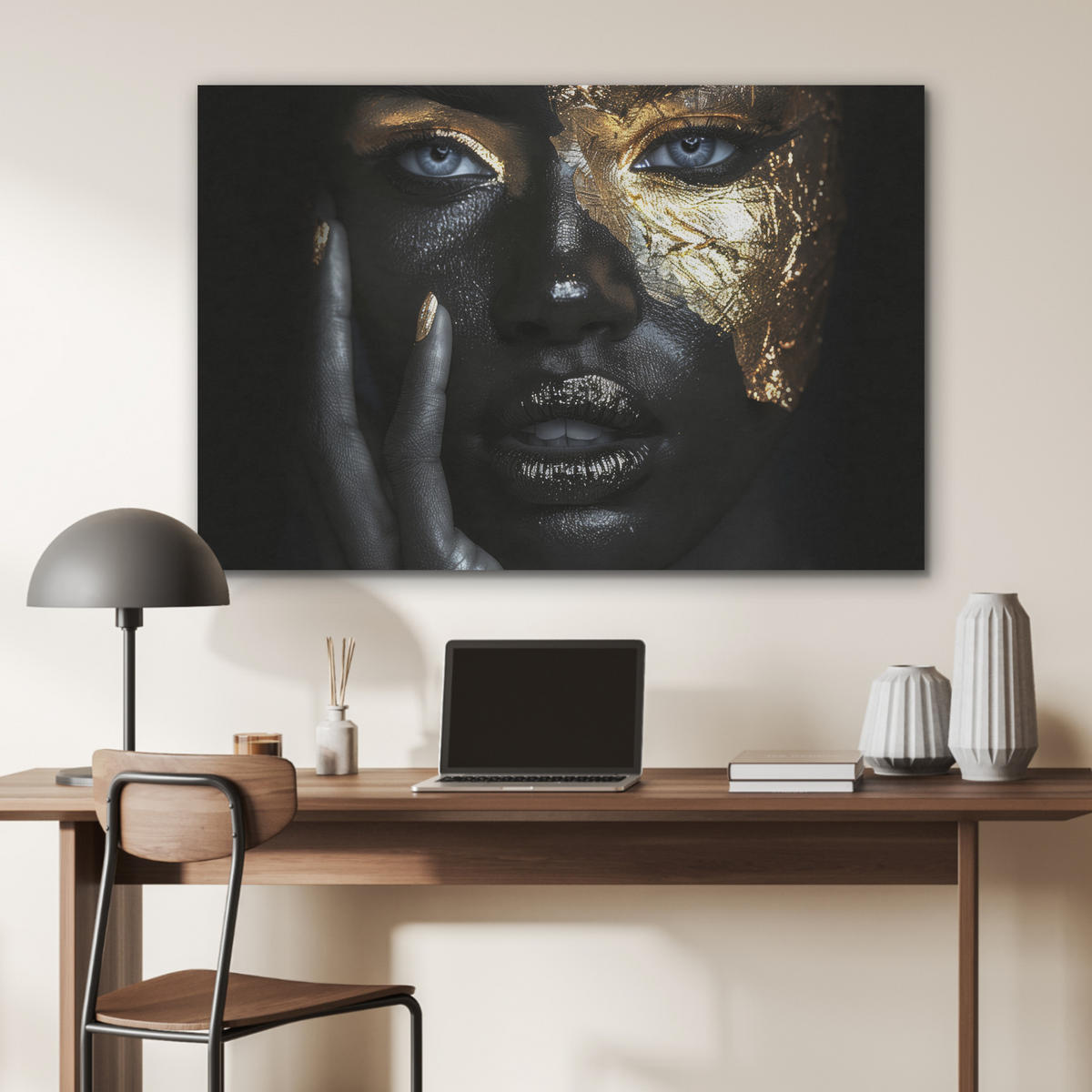 AKUSTIKBILD Frau - Gold - Porträt - Schwarz-Weiß - Luxus Akustikpaneele 90x60 cm - Hellblau, Kunststoff (90/60/0.9cm) - MuchoWow
