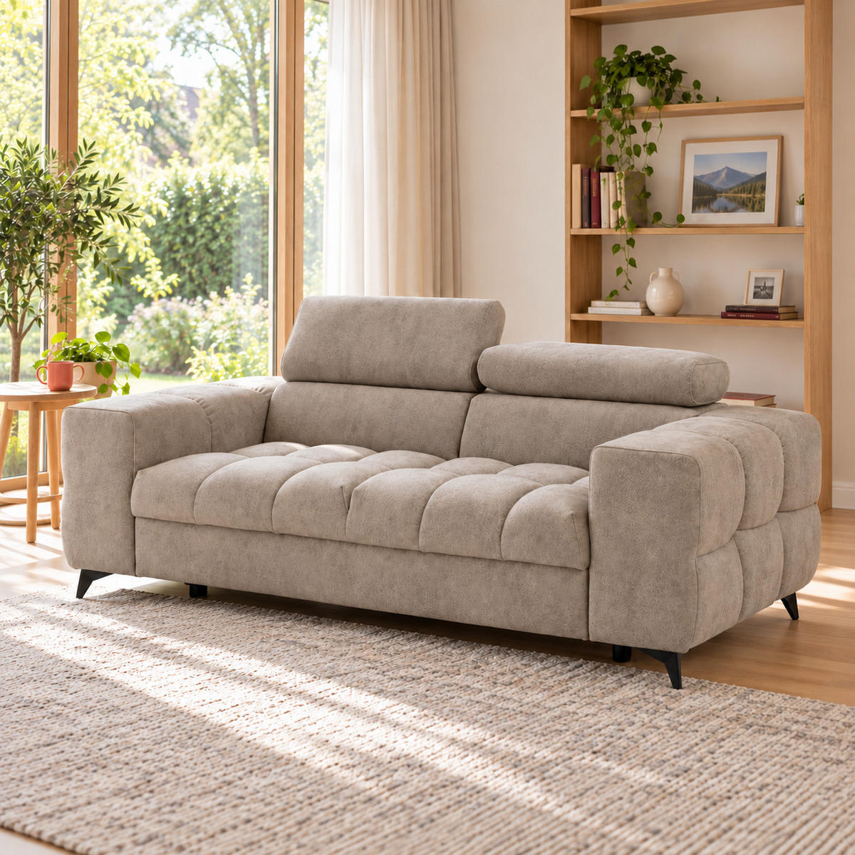 2-SITZER Sofa PUDDING 209 cm Velours Beige - Beige/Schwarz, Holz/Textil (209/93/100cm) - Muffo