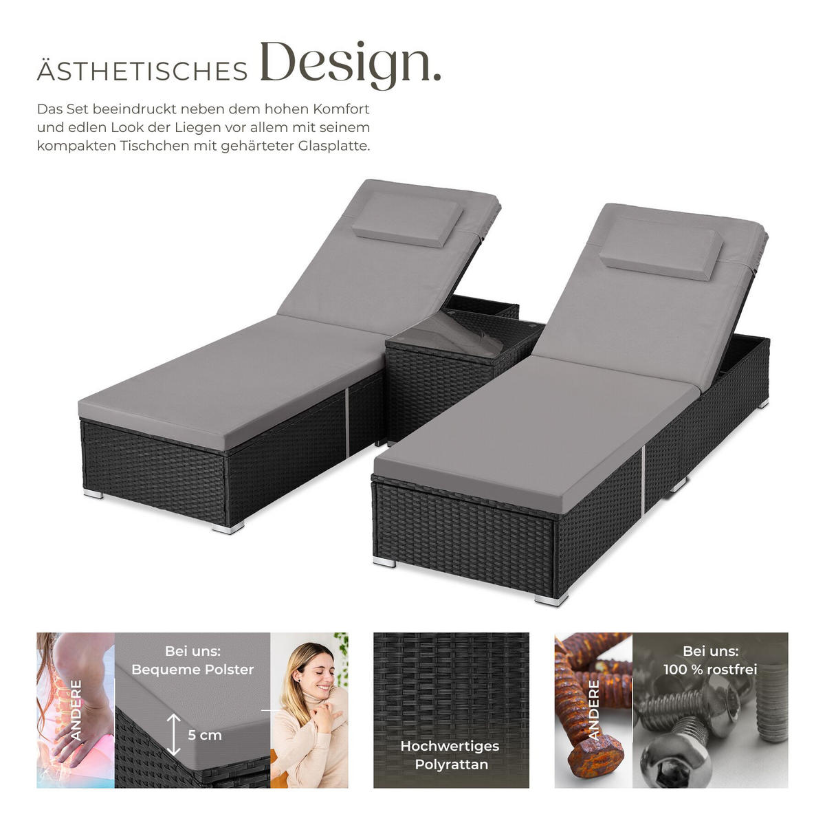 RATTAN-DOPPELLIEGE Carbonera, Belastbarkeit je 200 kg, schwarz - Schwarz, Kunststoff (62/36/196cm) - tectake