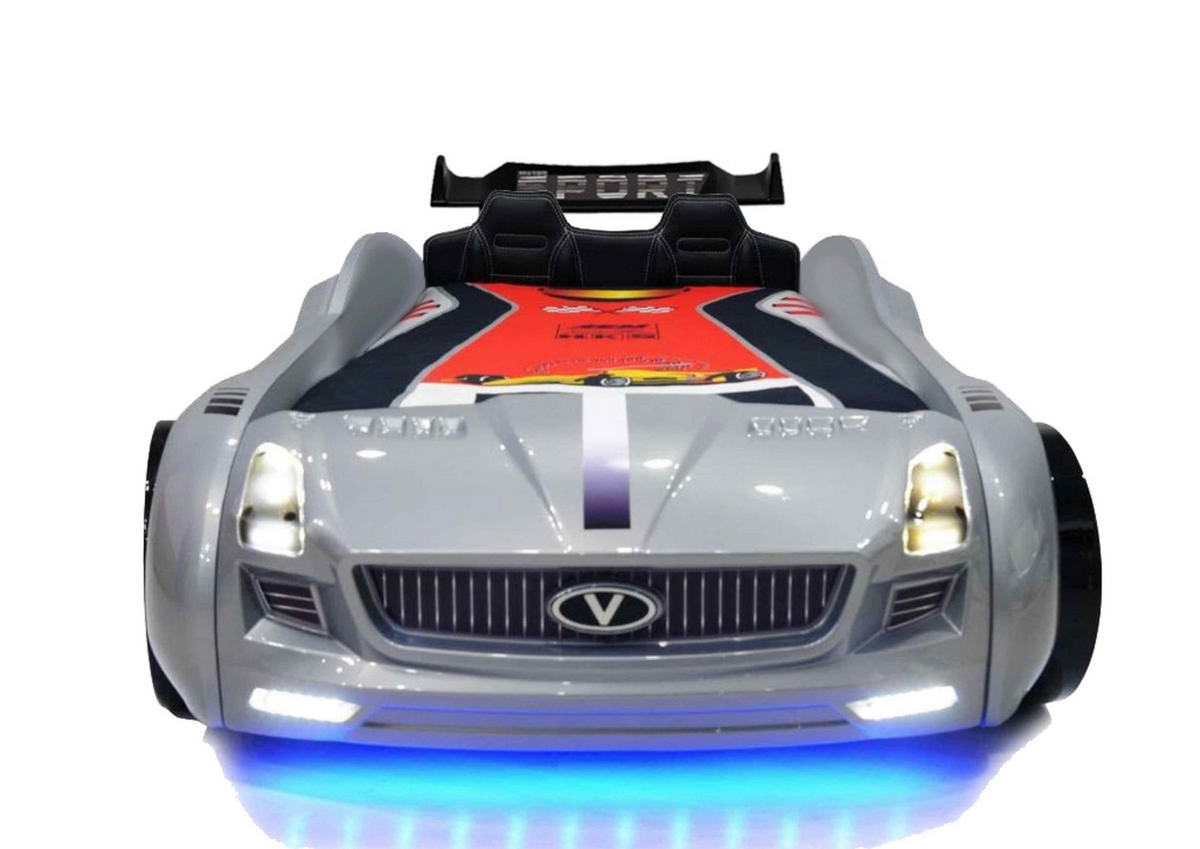 AUTOBETT Roadster Silber Kinderbett LED Sound Sportsitze Lattenrost Spoiler - Silberfarben/Schwarz, Holzwerkstoff/Kunststoff (90/190cm) - Aileenstore
