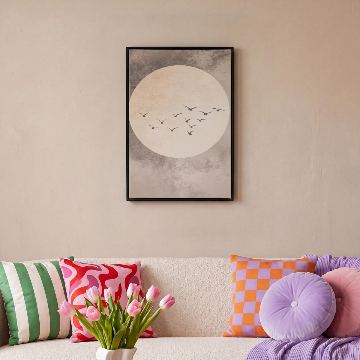 LEINWAND Bilder mit Rahmen - Vogel - Beige - Japanisch - 40x60 - Taupe, Textil (40/60cm) - MuchoWow