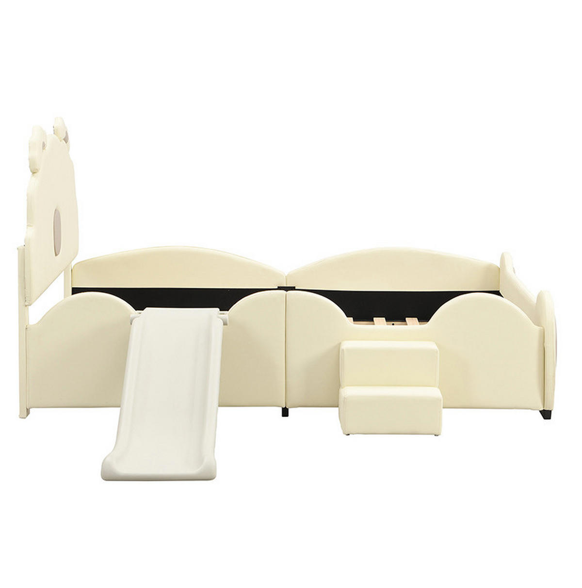 DĚTSKÁ postýlka z PU a MDF, 140/200 cm béžová, s medvídkem, skluzavkou a žebříkem - béžová, plast (140/200cm) - Modenvie