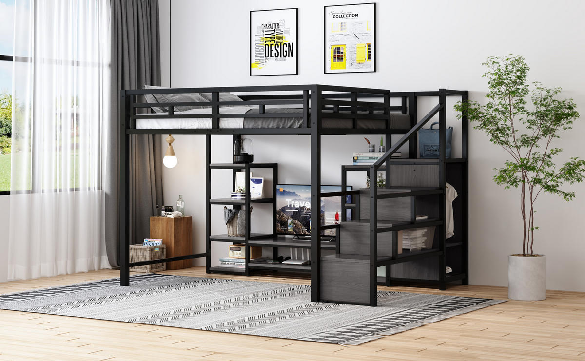 HOCHBETT 140/200 cm in Schwarz mit TV-Ständer, Steckdose und Leiter aus Metall - Schwarz, Holzwerkstoff/Metall (140/200cm) - CHICFURN