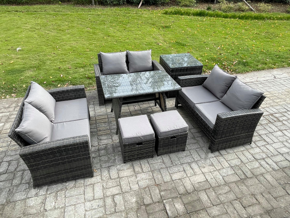 GARTENMÖBELSET mit ESSTISCH,HOCHLEHNER-SOFA Polyrattan Dunkelgrauer Mix 8-Sitzer - Dunkelgrau/Grau, Glas/Kunststoff - Fimous