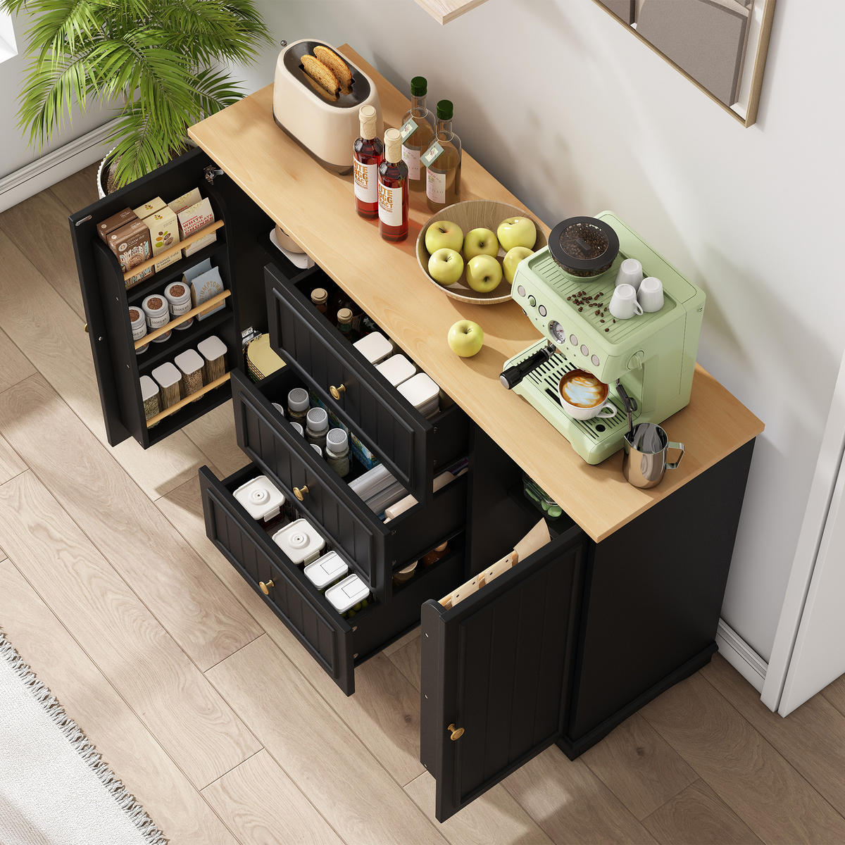 SIDEBOARD mit 3 Schubladen und Küchentüren, Schwarz - Schwarz, Holzwerkstoff (126/86/40cm)