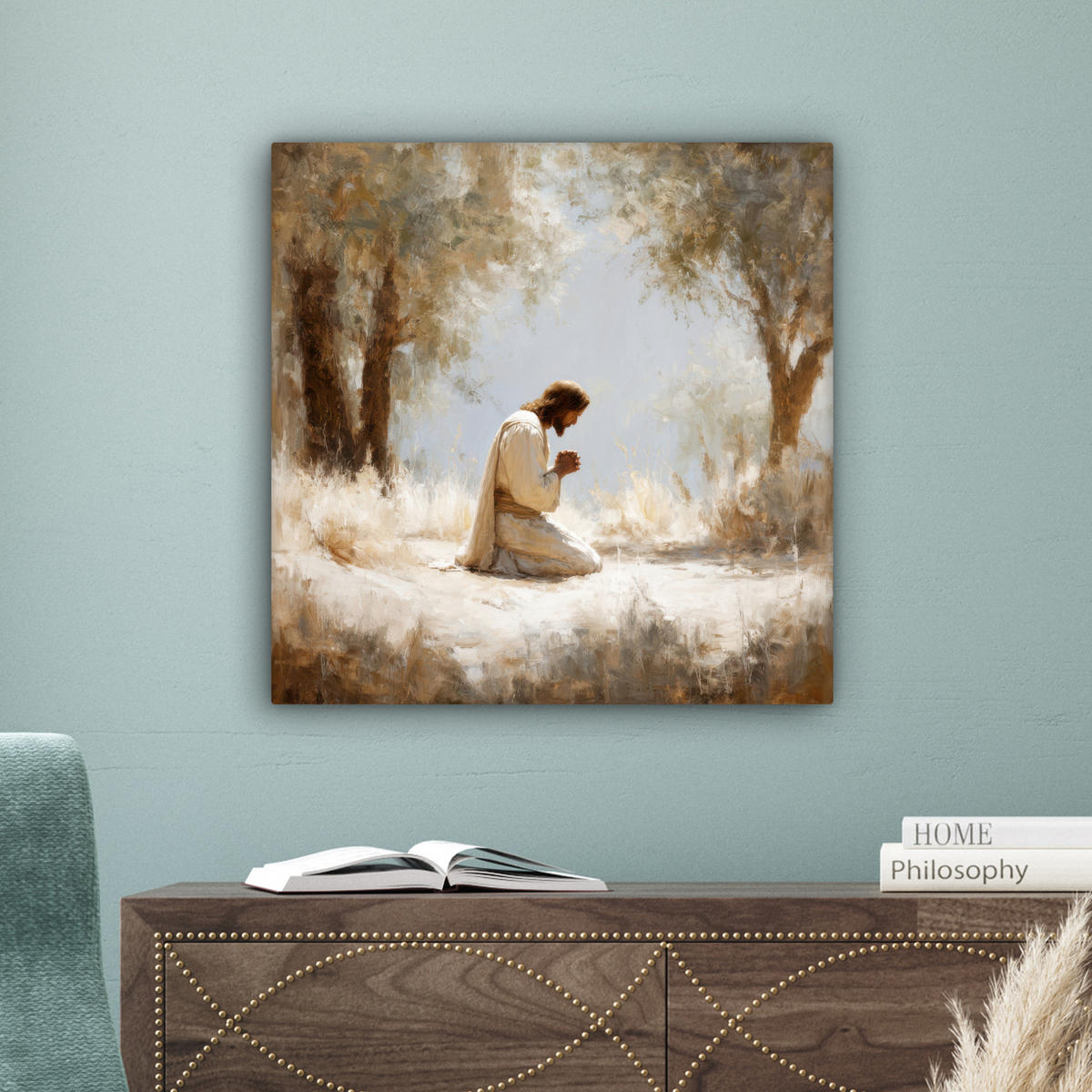 LEINWANDBILD Jesus - Kniend - Waldlandschaft - Betend Wandbild Wohnzimmer 50x50 cm - Beige/Hellblau, Textil (50/50cm) - MuchoWow