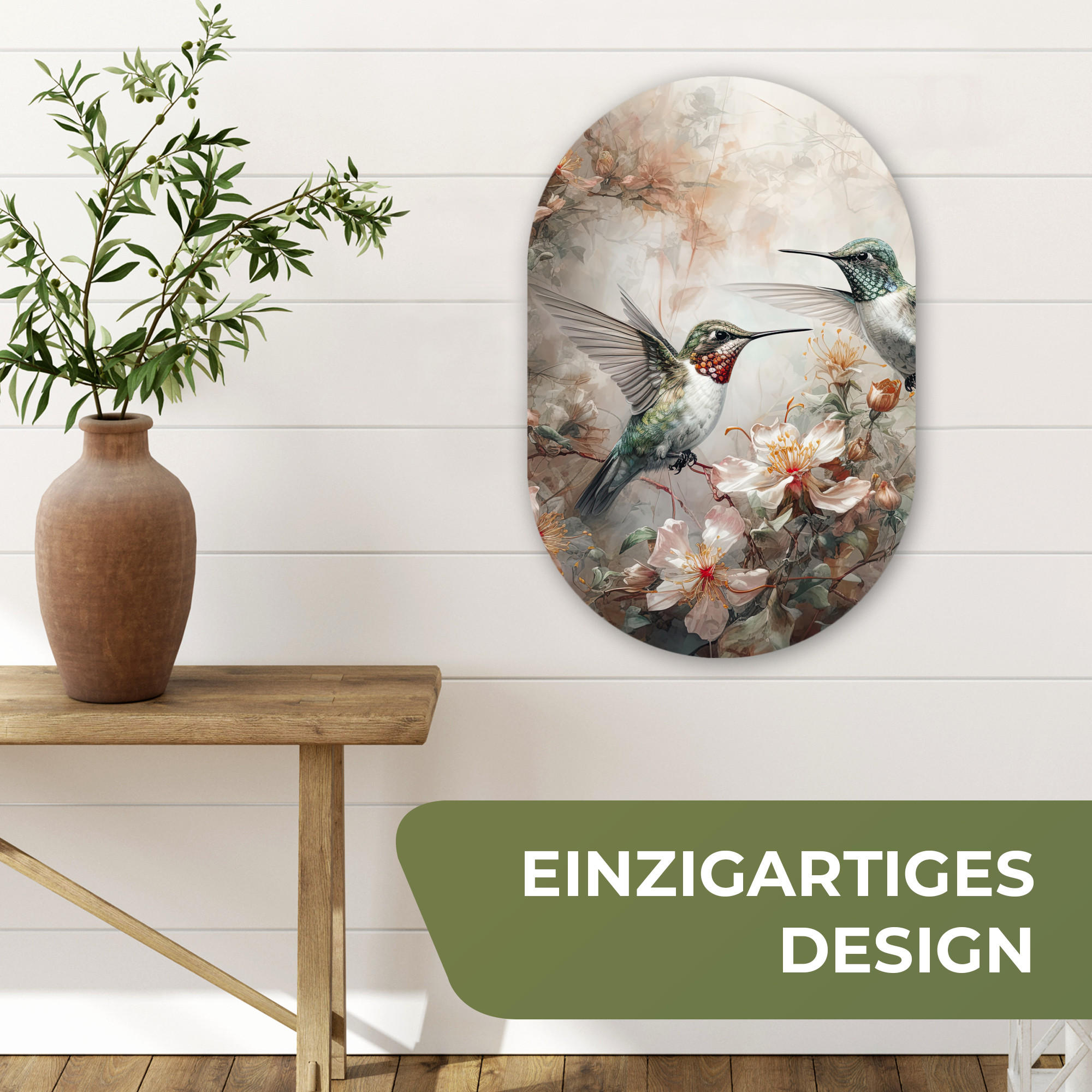 WANDBILD Kolibri - Vögel - Blumen - Pflanzen 40x60 cm - Hellgrün, Kunststoff (40/60cm) - MuchoWow