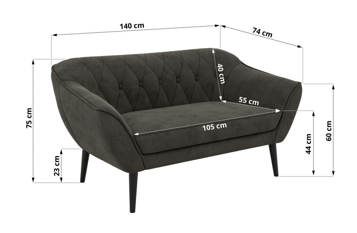 2-SITZER-SOFA PIRS - Dunkelgrau Velvet - Schwarze Beine - Dunkelgrau/Schwarz, Holzwerkstoff/Textil (140/75/74cm) - MKS