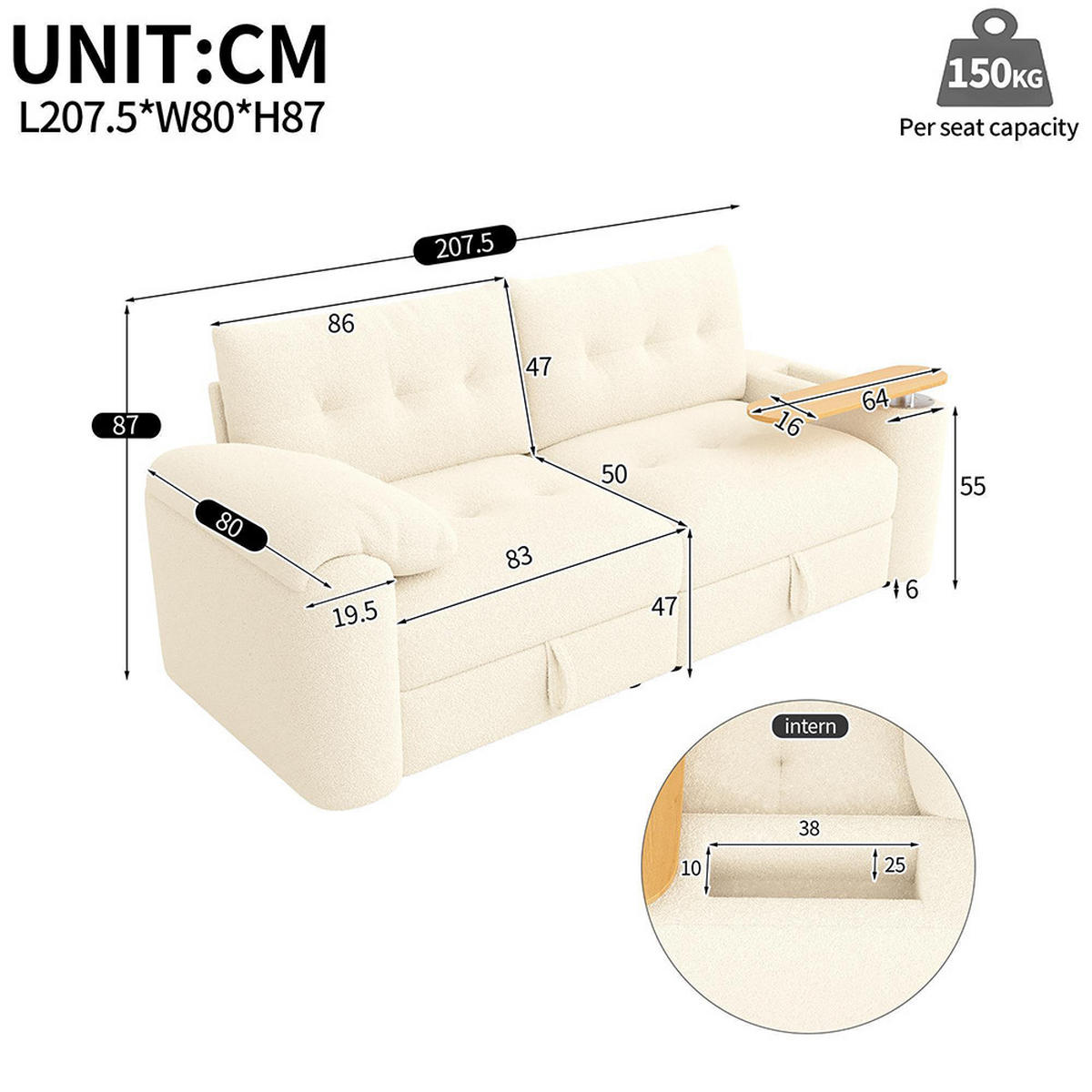3-SITZER-SOFA mit Stauraum in Beige - Beige, Textil (80/87/207.5cm) - KOMHTOM