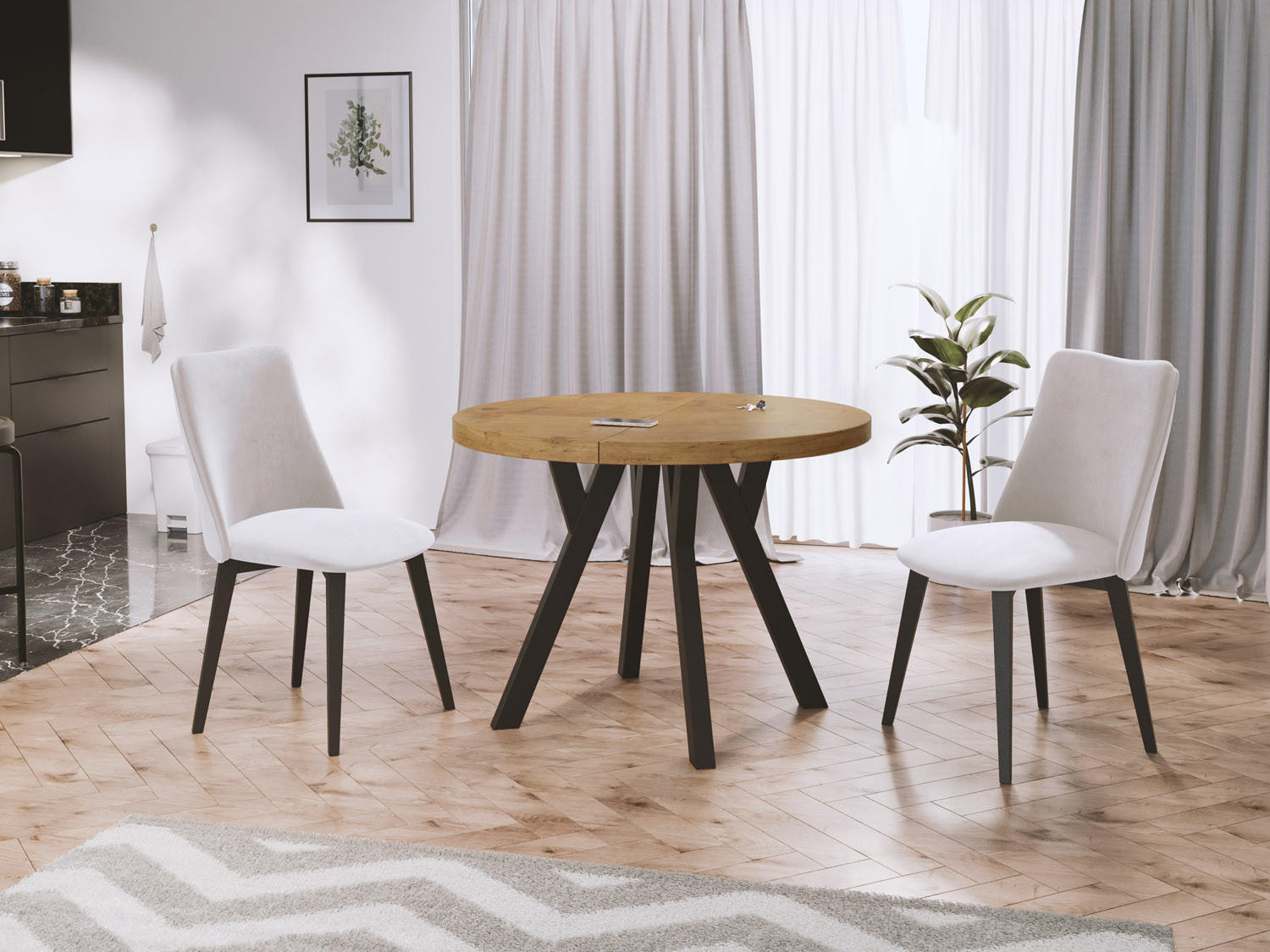 ESSTISCH Twixy runder ausziehbarer, Lancelot Eiche 100-200/100/76 cm - Eichefarben/Schwarz, Holz/Holzwerkstoff (100/100/76cm) - WFL GROUP