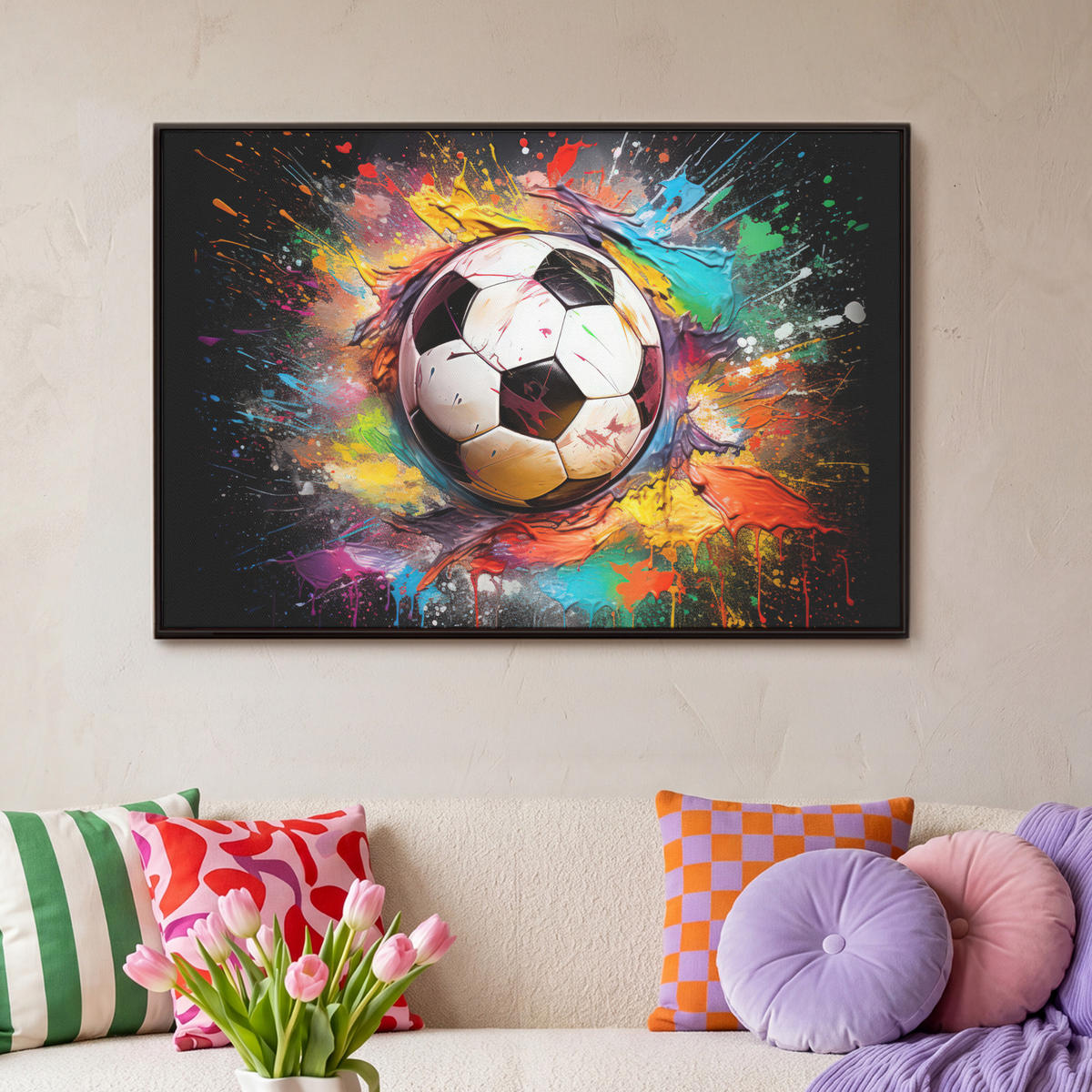 LEINWAND Bilder mit Rahmen - Fußball - Farbe - Farben - Schwarz - Weiß - 90x60 - Weiß, Textil (90/60cm) - MuchoWow