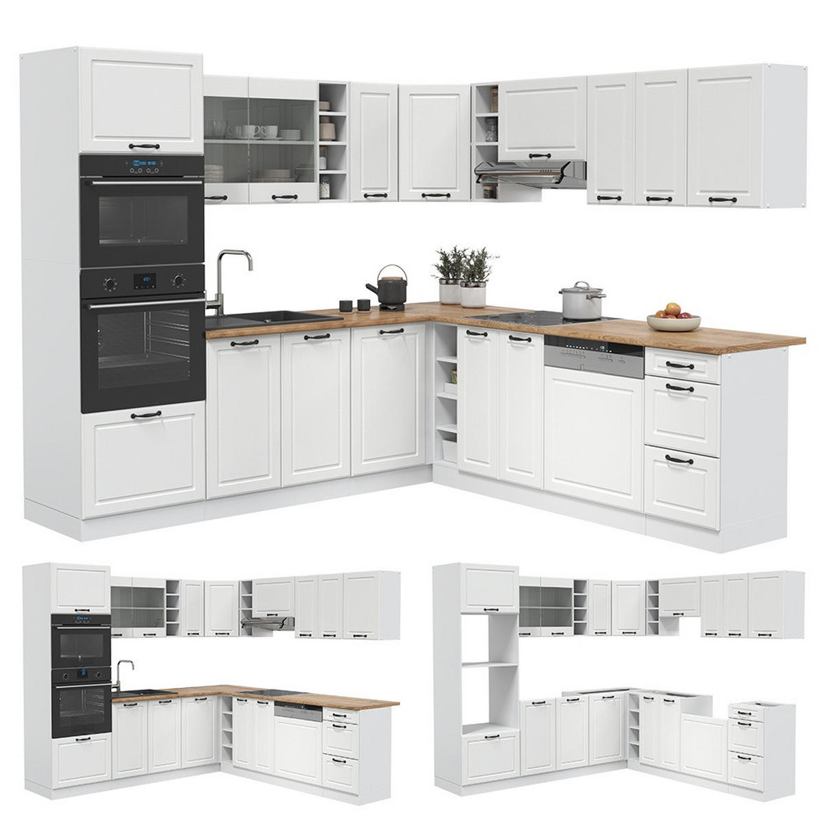 ECKKÜCHE R-Line, Weiß Landhaus/Weiß, 247 x 237 cm ohne Arbeitsplatte - Weiß, Holzwerkstoff (247/206.8/46cm) - Vicco