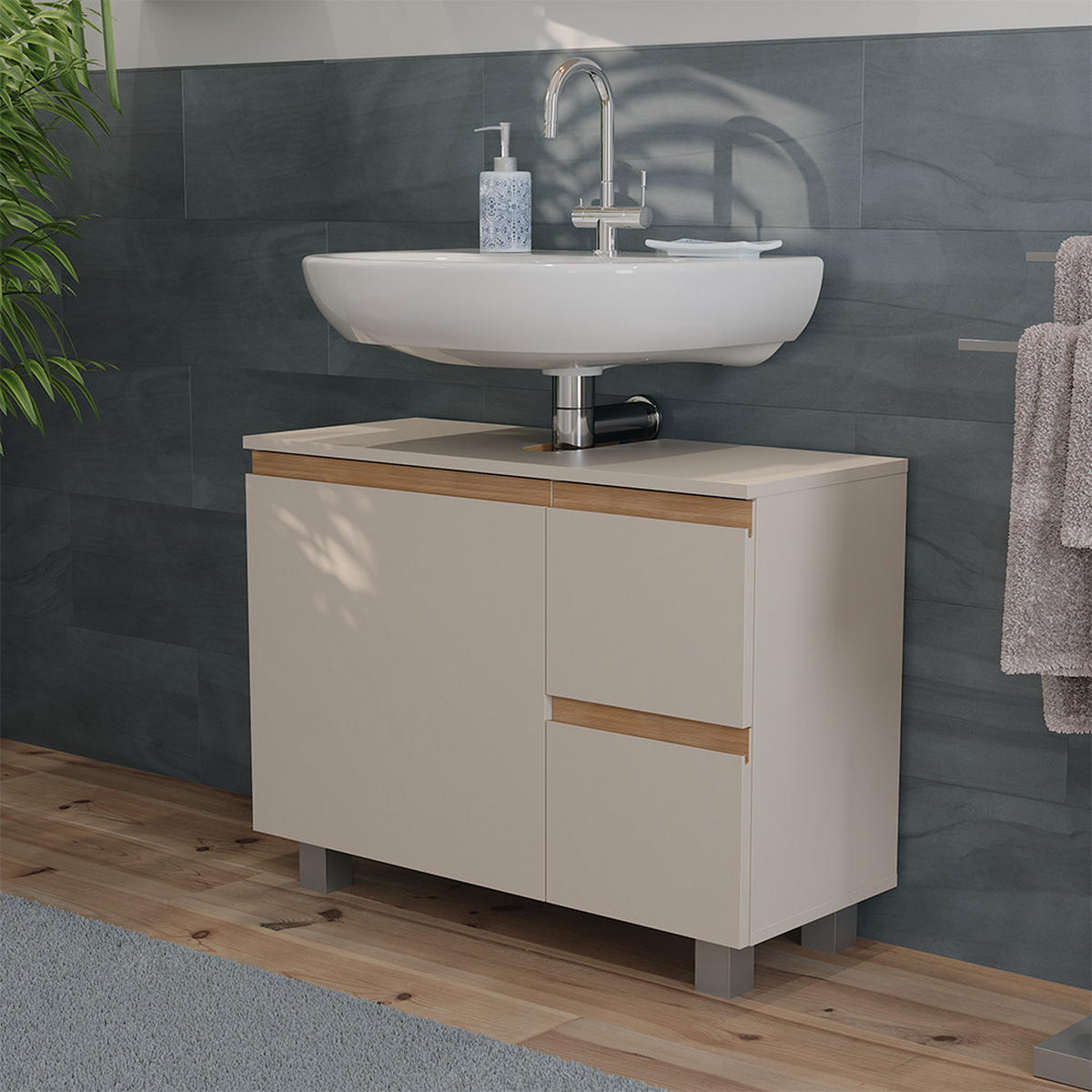 WASCHBECKENUNTERSCHRANK J-Shape Cashmere/Artisan 80 x 60.8 cm mit 2 Schubladen - Kaschmir/Hellgrau, Holzwerkstoff (80/60.8/33cm) - Vicco