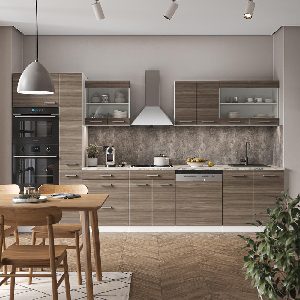 KÜCHENZEILE R-Line Edelgrau/Weiß 350 cm mit Hochschrank, AP Marmor - Braun/Weiß, Holzwerkstoff (350/81.6/60cm) - Vicco