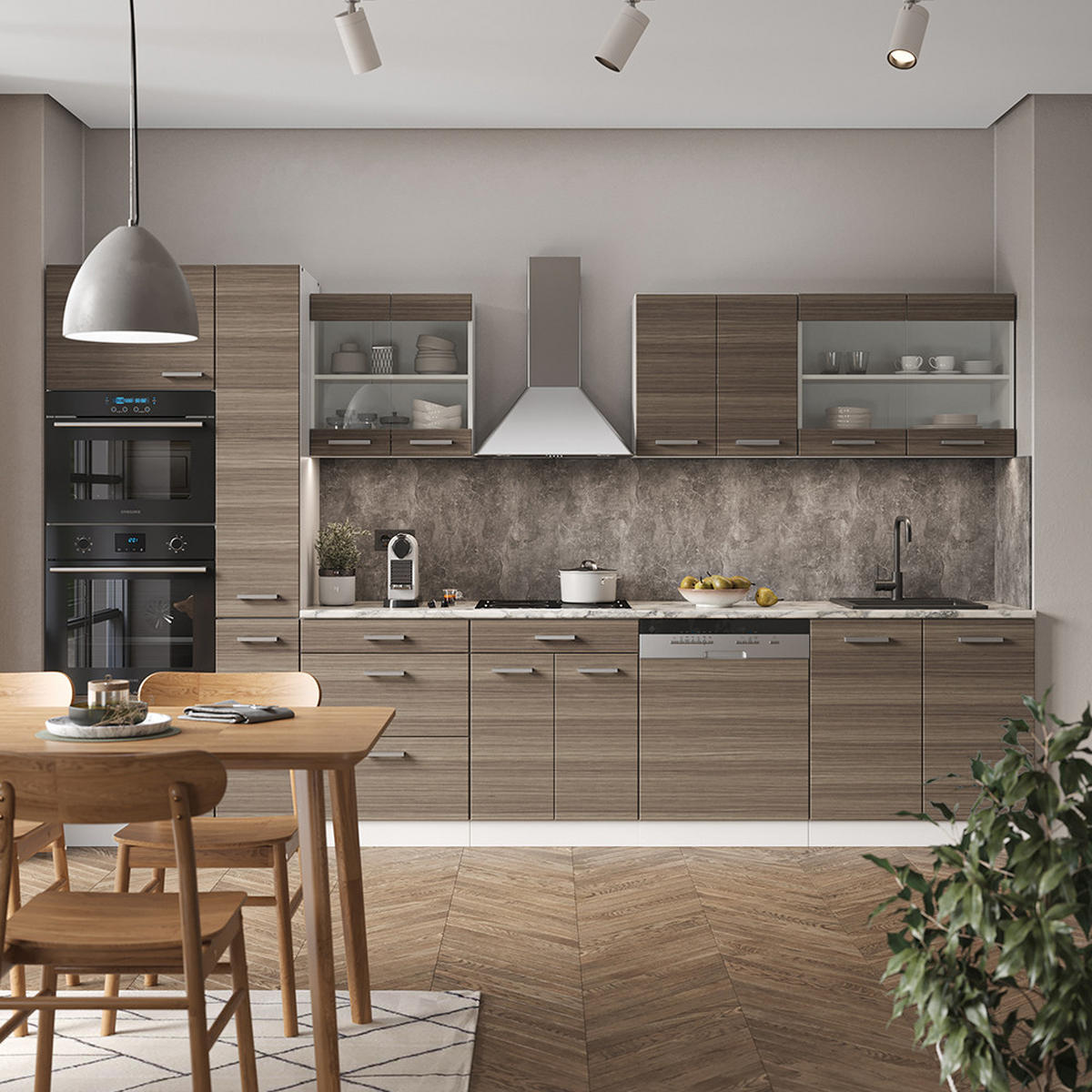 KÜCHENZEILE R-Line Edelgrau/Weiß 350 cm mit Hochschrank, AP Eiche - Braun/Weiß, Holzwerkstoff (350/81.6/60cm) - Vicco