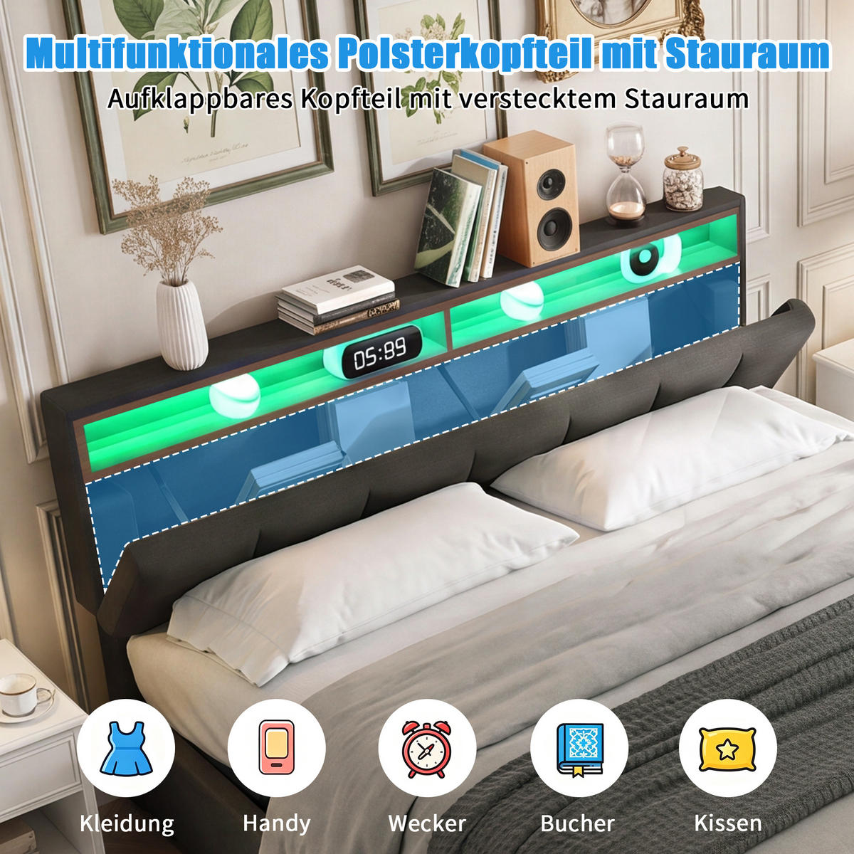 STAURAUMBETT 180x200 cm, Kopfteil mit Stauraum, LED-Beleuchtung, Leinenstoff, in Grau - Grau, Holz (180/200cm) - BRILVERDE