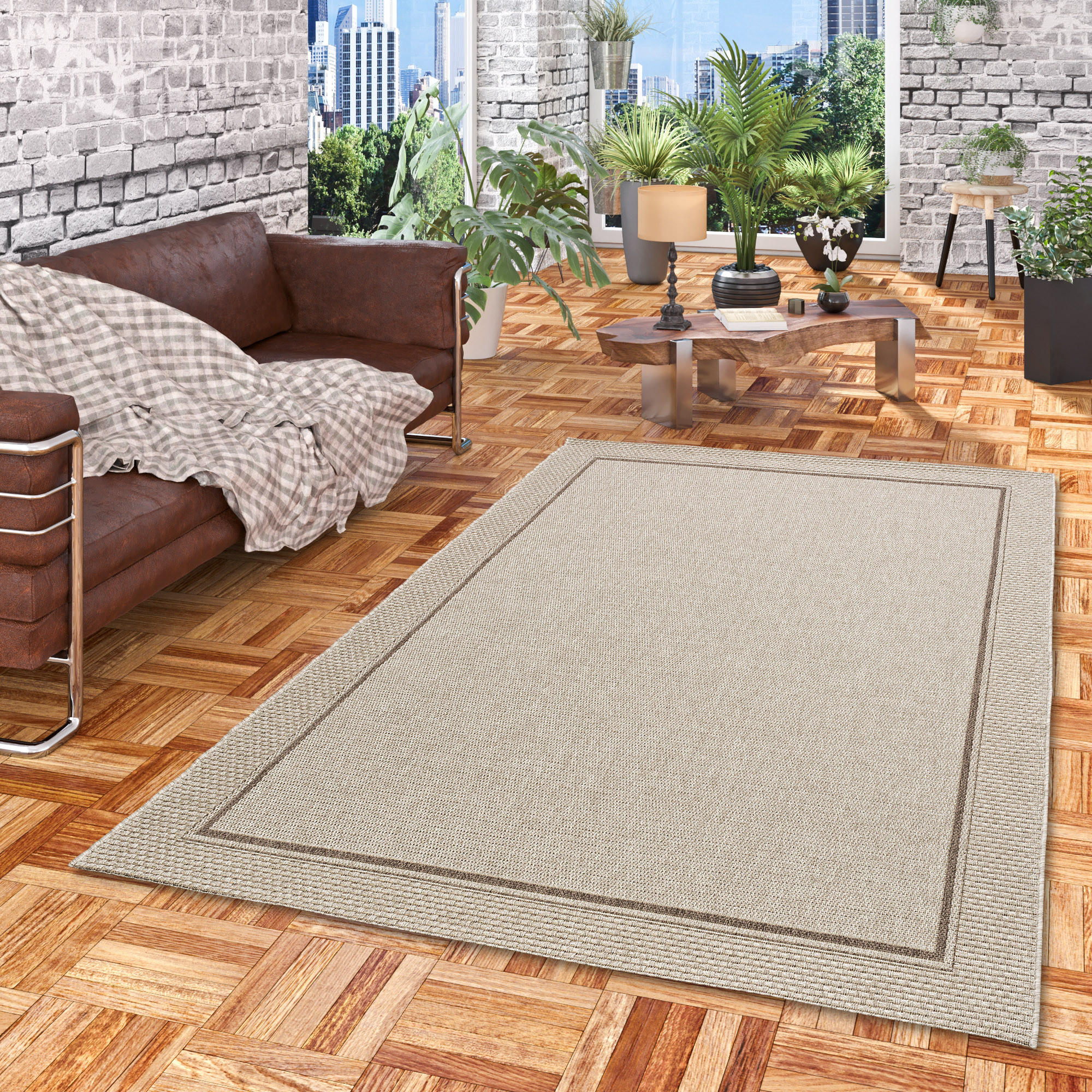 IN & OUTDOOR TEPPICH NATUR PANAMA BORDÜRE - Grau, Textil (140/200cm) - Pergamon