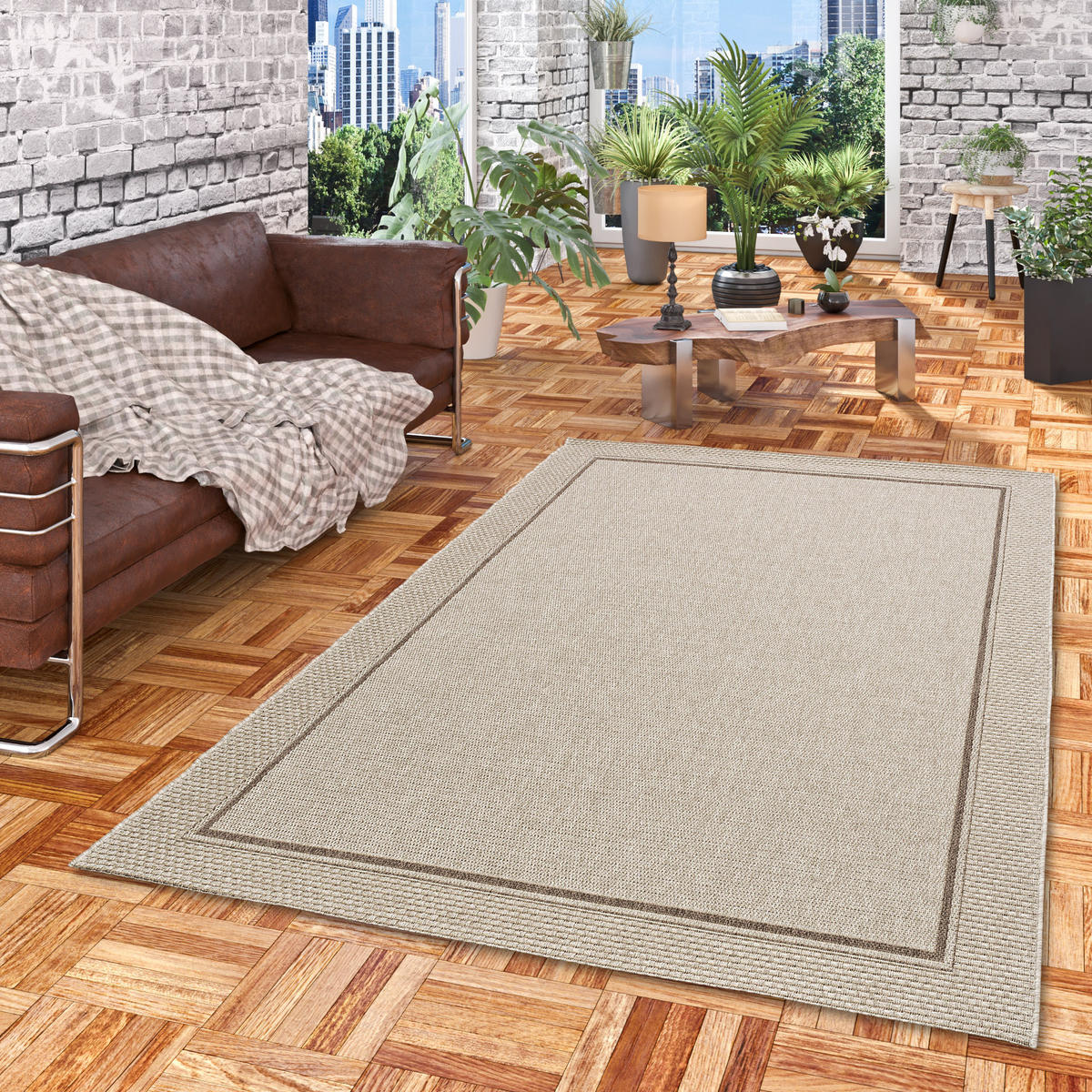 IN & OUTDOOR TEPPICH NATUR PANAMA BORDÜRE - Grau, Textil (140/200cm) - Pergamon