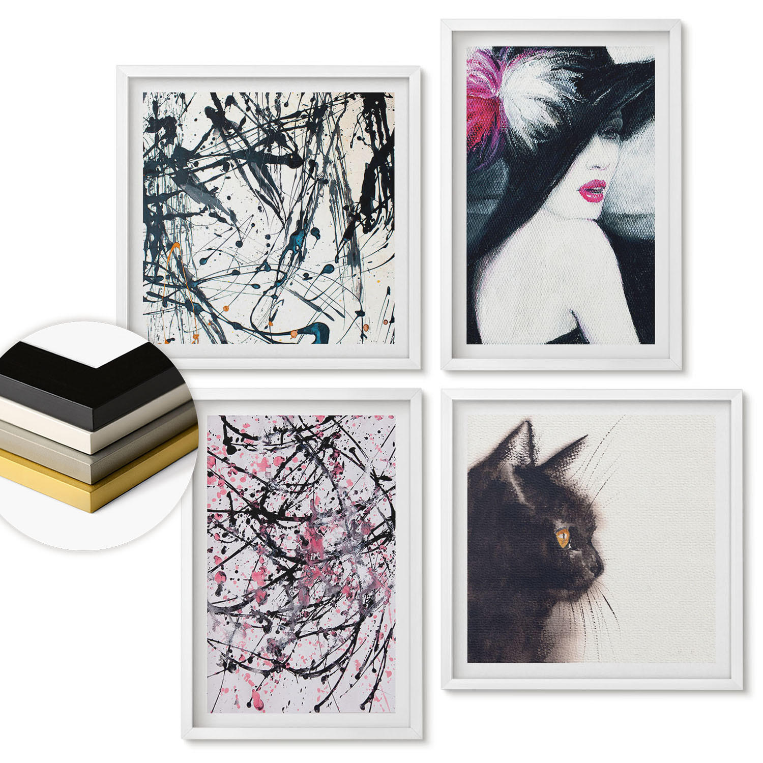 WANDBILDER 4er-Set - 50x50 cm & 40x60 cm Weißer Rahmen - Abstrakte Katzenmalereien - Weiß, Kunststoff (50/50cm) - ArtPrintCave