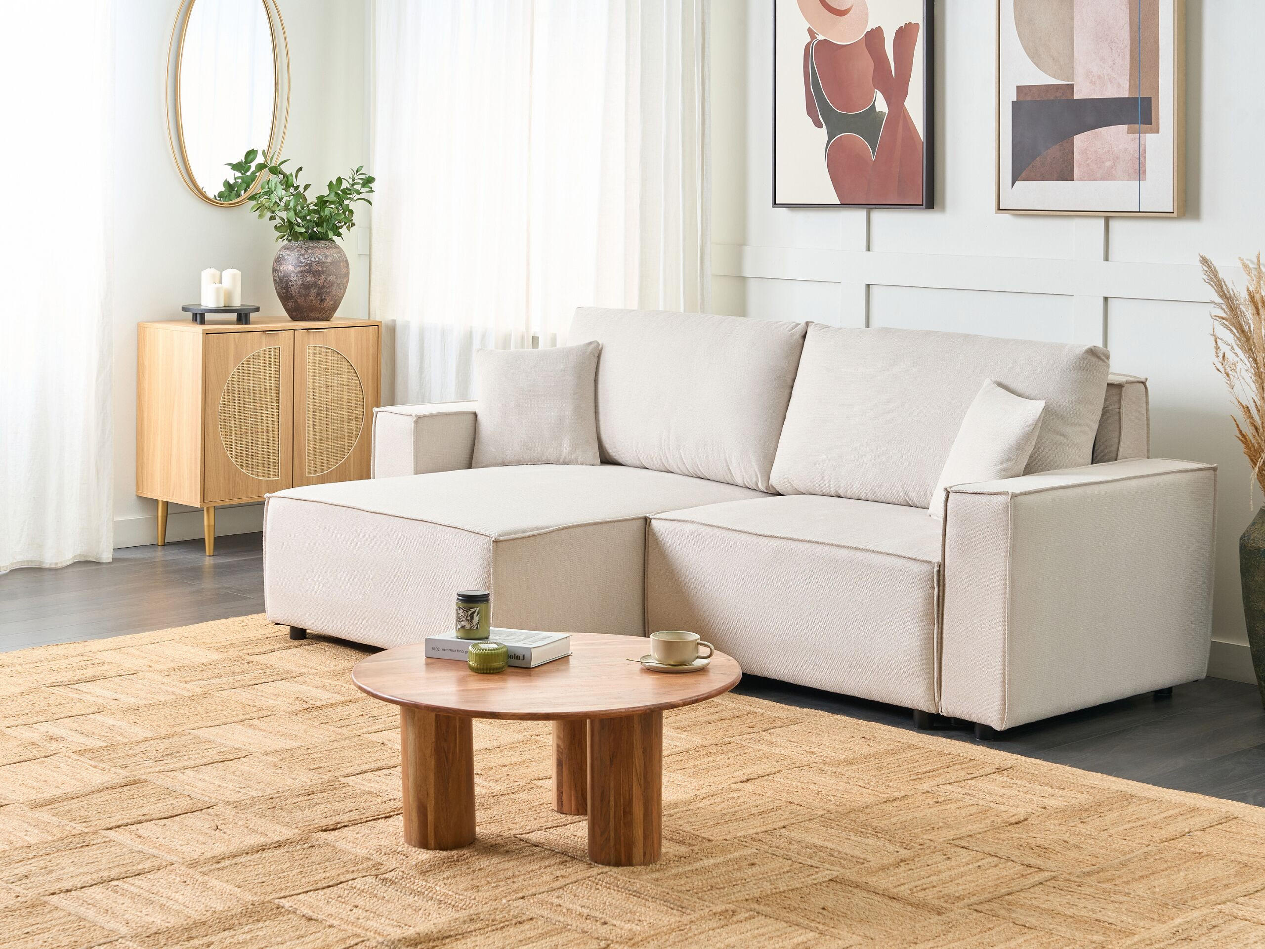 3-SITZER-ECKSOFA beige linksseitig mit Schlaffunktion Stauraum Karila - Beige, Textil (250/150cm) - Beliani