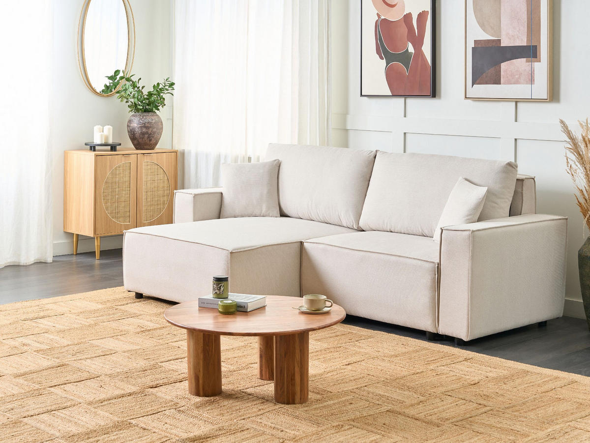 3-SITZER-ECKSOFA beige linksseitig mit Schlaffunktion Stauraum Karila - Beige, Textil (250/150cm) - Beliani