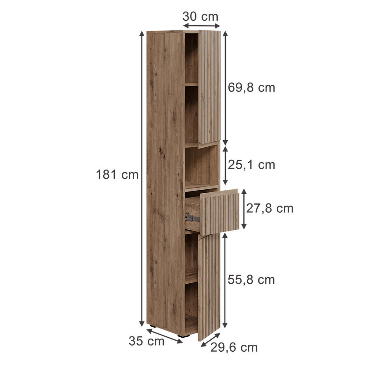 HOCHSCHRANK Takumi Artisan 30 x 181 cm mit 2 Türen - Hellgrau, Holzwerkstoff (30/181/35cm) - Vicco