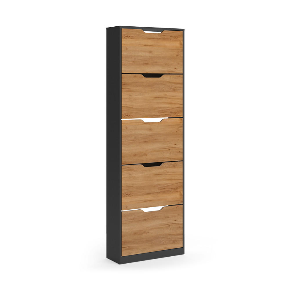 SKOTIPPARE Luca, antracit/Goldkraft ek, 59x180.5 cm med 5 lutbara fack Antracit, Honungsek 180.5/59/22 cm