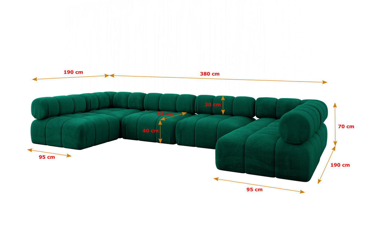 WOHNLANDSCHAFT modulares Sofa Garvo-U2 - 380x190x70 cm Dunkelgrün Velours - Dunkelgrün, Holzwerkstoff/Textil (380/70/190cm) - ALTDECOR