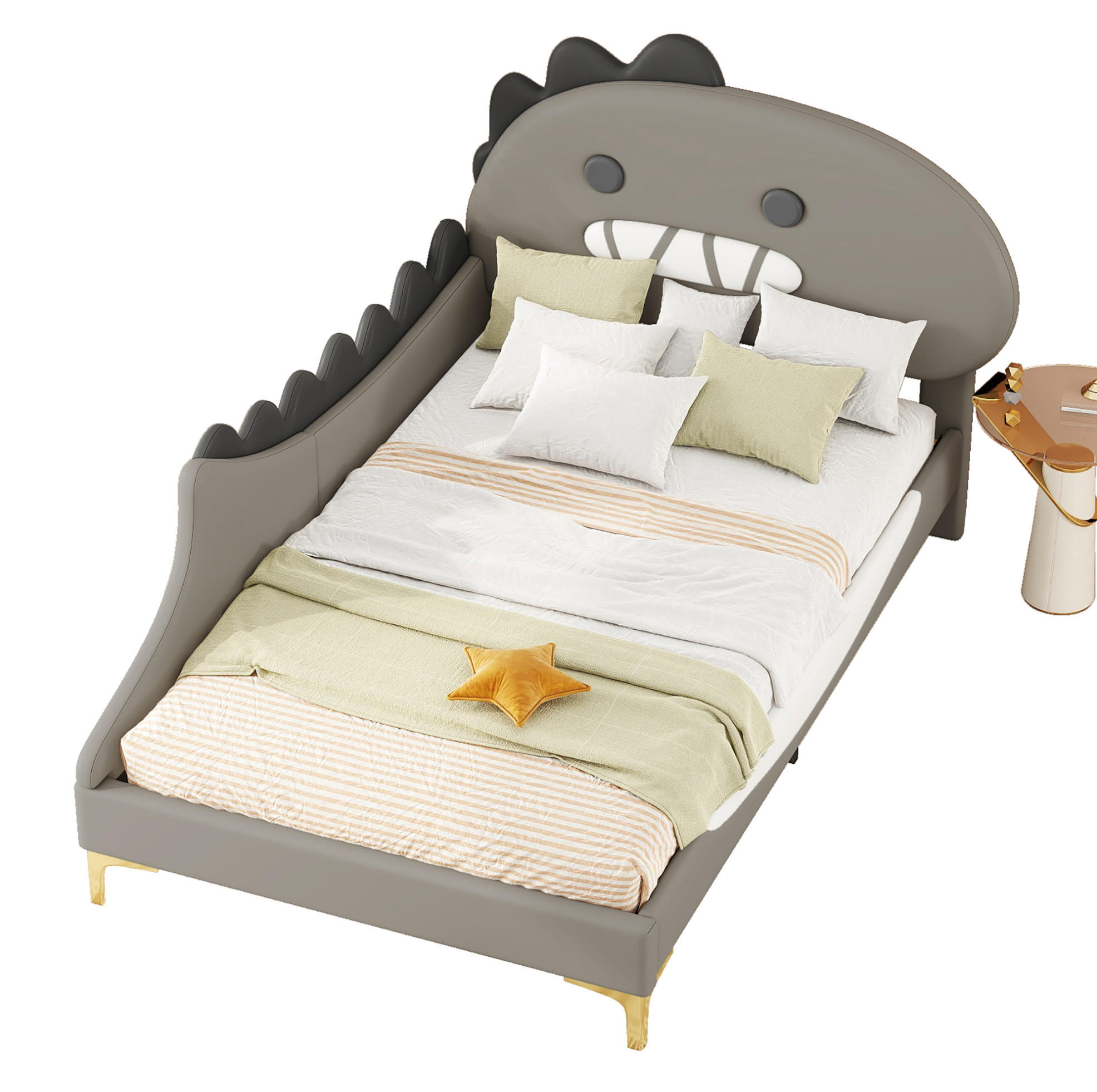 KINDERBETT 90/200 cm Grau aus PU und MDF mit Dinosaurier-Design - Grau, Kunststoff (90/200cm) - OKMYHOME