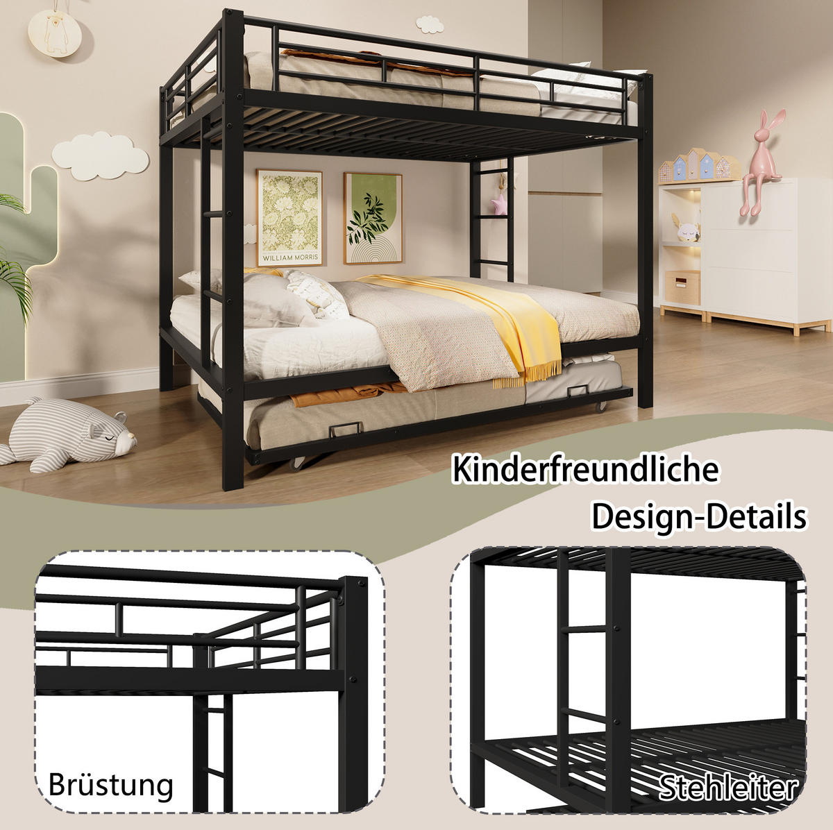 ETAGENBETT 140/200 cm schwarz aus Metall mit Ausziehbett - Schwarz, Metall (140/200cm) - OKWISH