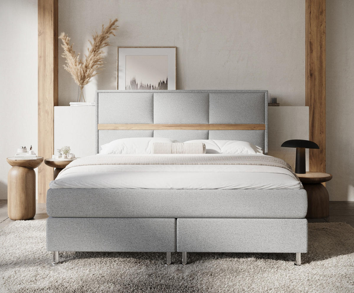 BOXSPRINGBETT Soto Hellgrau 200/200 cm mit Latex-Topper - Silberfarben/Hellgrau, Holz/Holzwerkstoff (200/200cm) - Maison de Reve